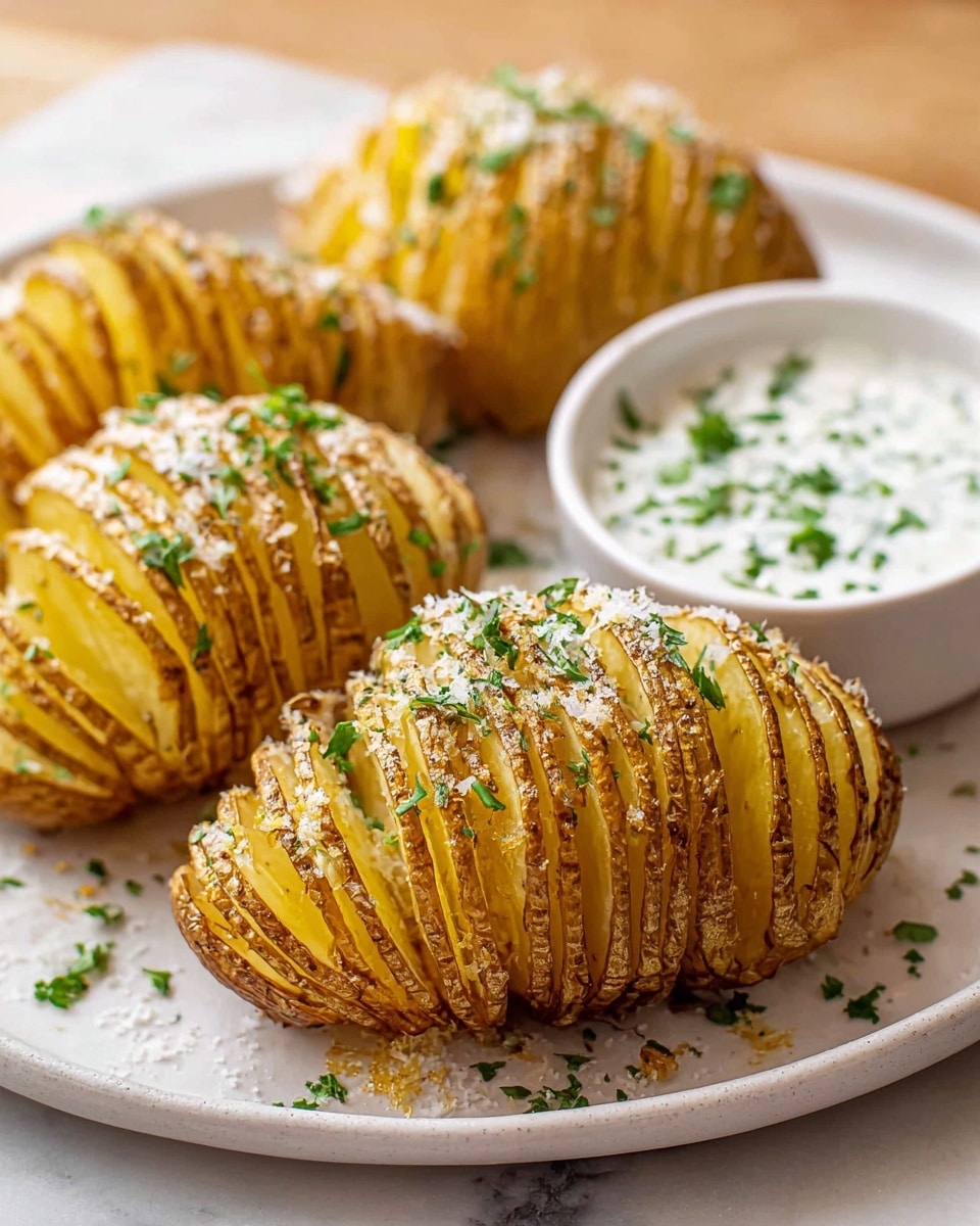 A white plate holds four Hasselback potatoes, each potato sliced into many thin, even layers creating a fan-like texture. The potato layers are golden brown with crispy edges and are sprinkled with coarse salt and small green herbs. One small white bowl with a creamy white sauce topped with chopped green herbs is placed on the plate beside the potatoes. The plate sits on a white marbled surface, and the scene captures a bright and fresh feel. photo taken with an iphone --ar 4:5 --v 7