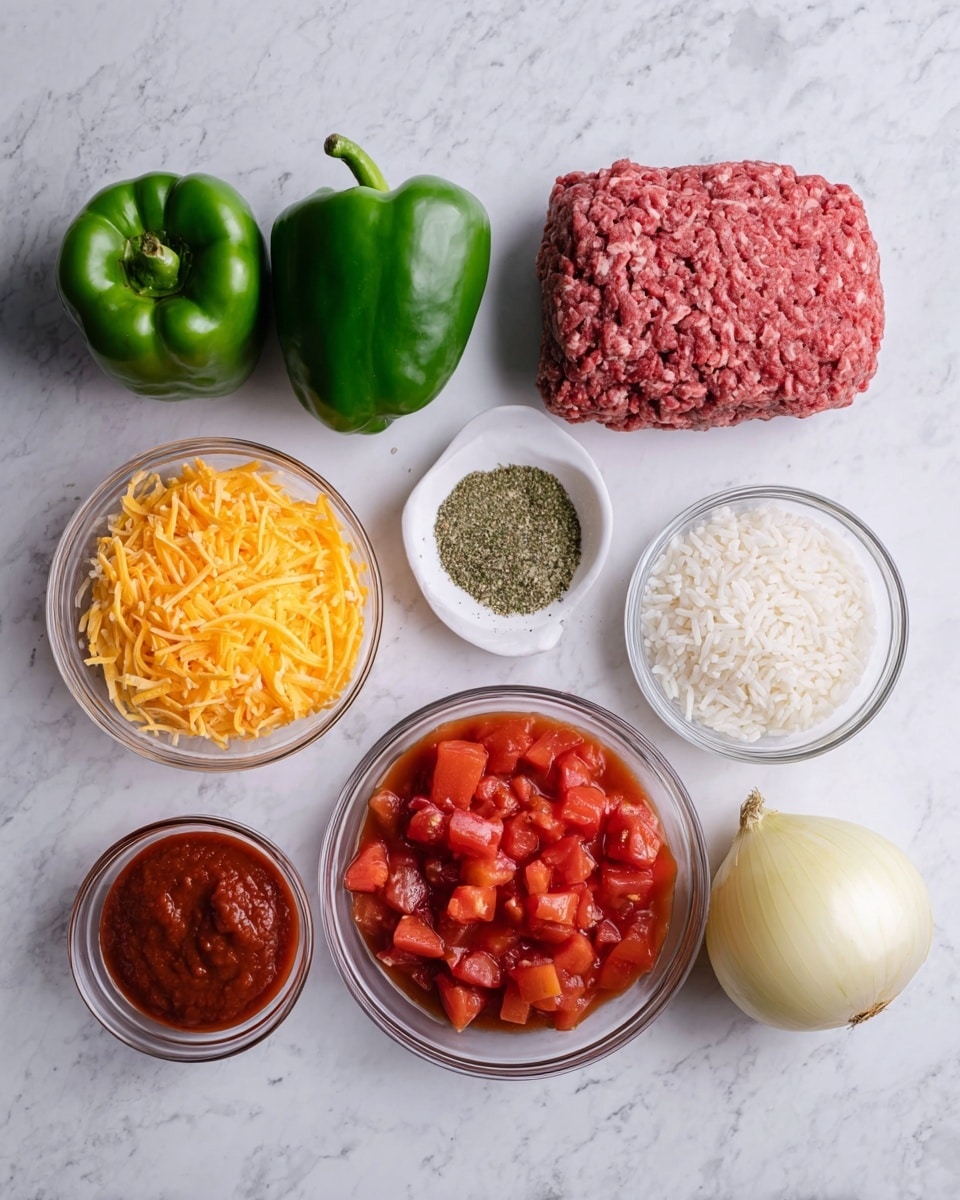 The image shows a collection of ingredients arranged neatly on a white marbled surface. There are two whole green bell peppers on the left side, one large and one smaller. In the center top, a white bowl holds shredded bright orange cheddar cheese, and to its right, a white bowl contains raw ground beef, pinkish and textured. Below the cheese bowl, there is a white bowl filled with diced tomatoes in red sauce, and next to it, two peeled garlic cloves rest directly on the surface. To the right of the tomatoes, a white bowl with uncooked white rice is placed, and beside it, a whole yellow onion. On the far right, two small white bowls contain dried herbs and spices; one has a greenish dried herb mix with black pepper, and the other holds a small amount of red tomato paste. All ingredients have distinct and clear colors and textures, set on the white marbled surface. photo taken with an iphone --ar 4:5 --v 7