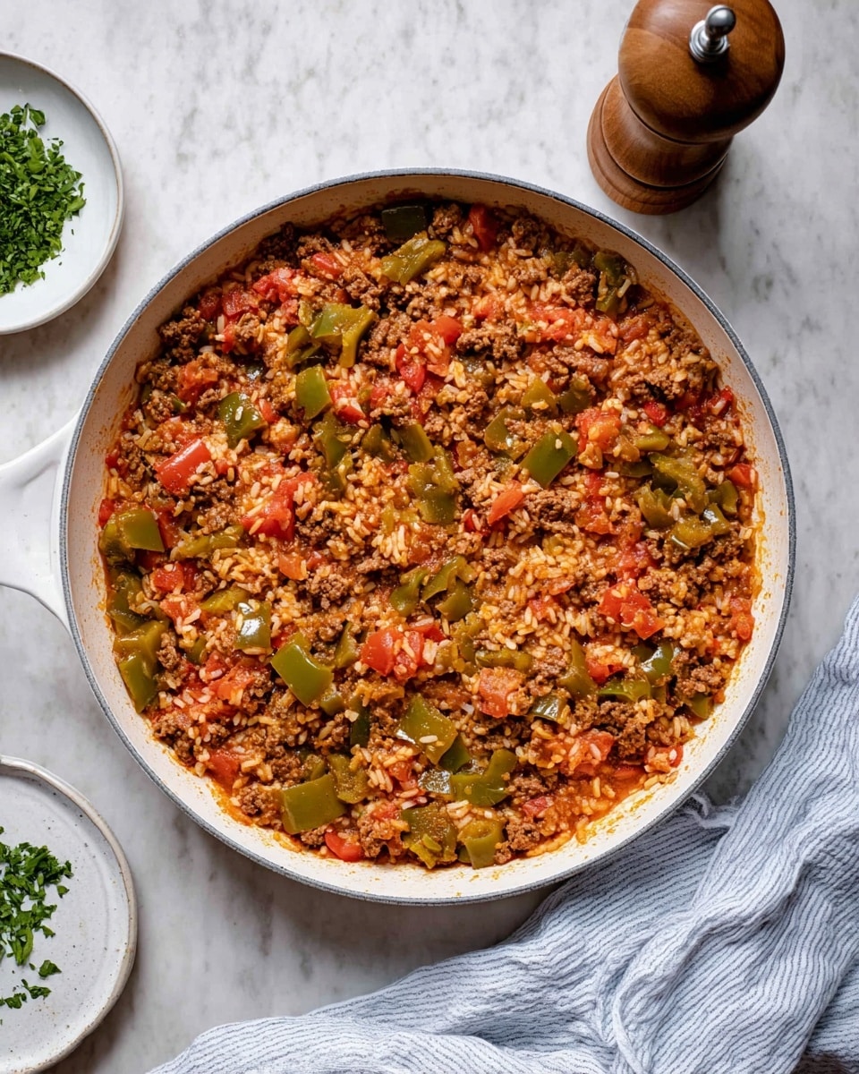 The image shows a white pan filled with a cooked mix of rice, ground meat, green bell peppers, and diced tomatoes, all mixed together in a reddish sauce. The rice is soft and mixed evenly with the small chunks of ground meat and medium-sized pieces of green bell pepper, scattered throughout. In the background, there is a small white plate with chopped green herbs on the left and a wooden pepper grinder on the right. A striped gray and white cloth is placed near the handle of the pan on a white marbled surface. photo taken with an iphone --ar 4:5 --v 7