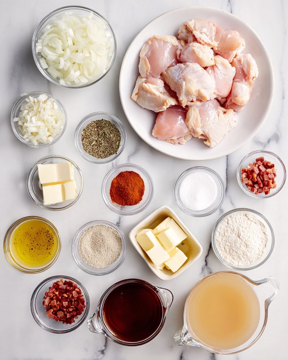The image shows a flat lay of cooking ingredients arranged neatly on a white marbled surface. In the top left is a white plate holding four large, raw chicken pieces that are pale pink and smooth. Surrounding the plate are small clear glass bowls, each holding various spices and seasonings in colors like white, black, orange, and beige. There’s a bowl of chopped white onion slices near the center. Below the plate are two clear glass measuring cups, one filled with a light brown broth and the other with white milk. Next to them are two more small glass bowls containing yellow cubes of butter and golden oil. On the bottom right side, a small bowl is filled with red cooked bacon bits. The ingredients are all spaced out cleanly and displayed clearly. Photo taken with an iphone --ar 4:5 --v 7