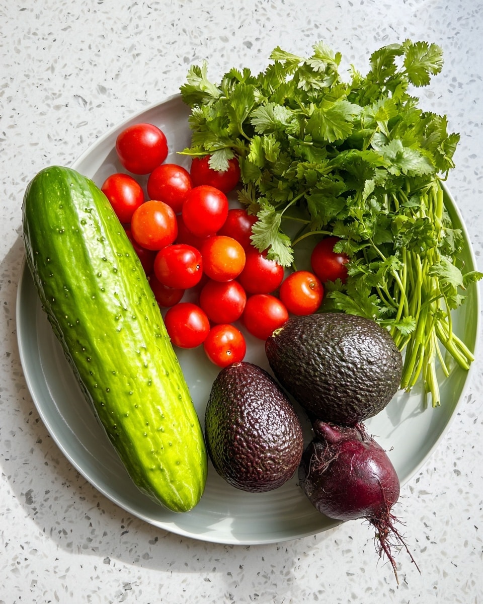A round white plate holds a fresh arrangement of vegetables and herbs on a white marbled surface. On the left side of the plate, a large green cucumber lays horizontally, smooth and firm with light bumps. Above it, there is a pile of small, shiny red grape tomatoes. In the middle near the bottom, two bright green avocados with slightly bumpy skin rest side by side. To the right, a bunch of fresh cilantro with bright green leafy tops and thin stems stretches upward. At the far right edge of the plate, a dark purple-red beet with remnants of roots clings to its bottom sits nestled next to the cilantro. The colors contrast clearly against the simple white plate and white marbled background. photo taken with an iphone --ar 4:5 --v 7