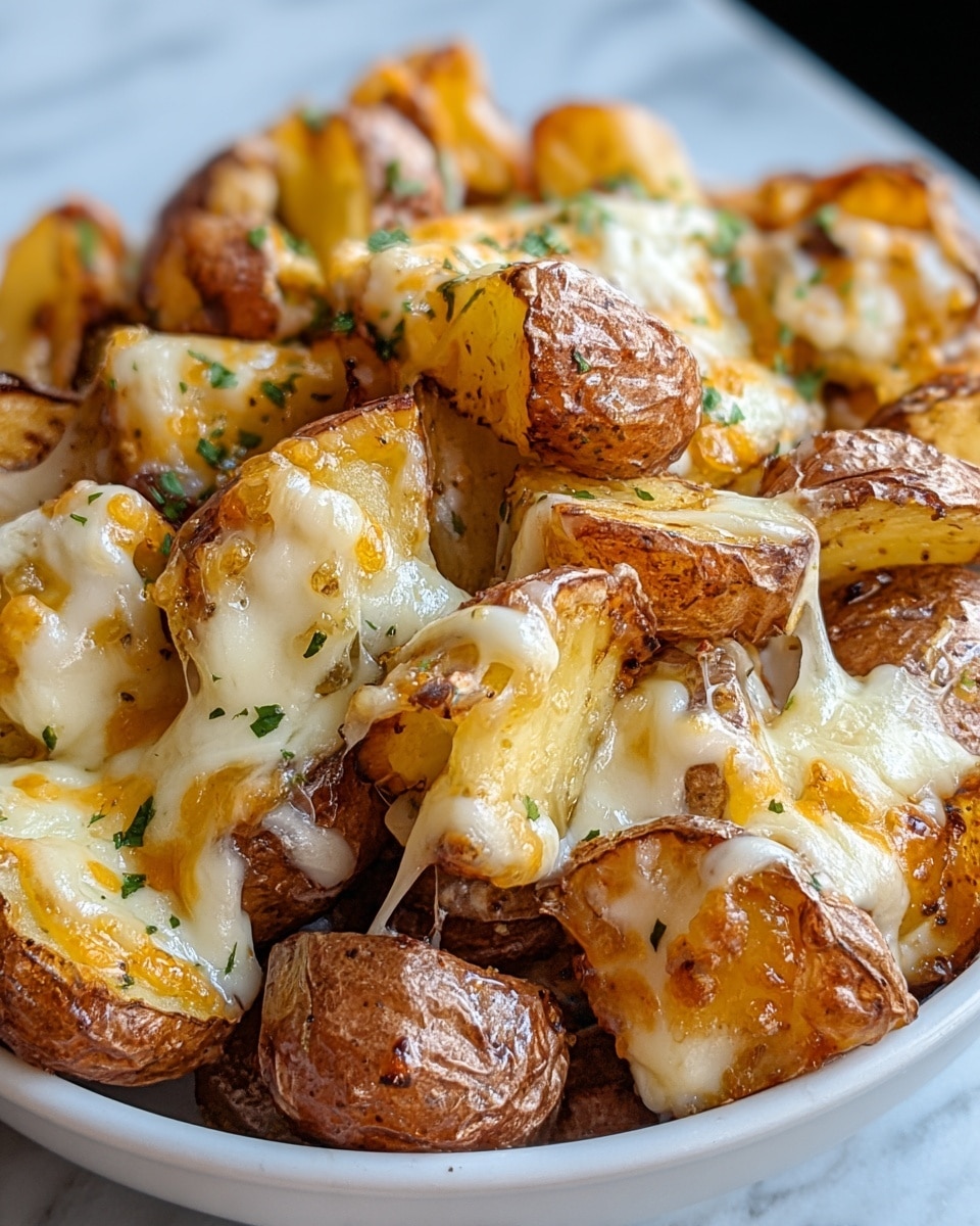 A close-up view of a bowl filled with several layers of small roasted potato pieces, showing crispy brown skin and tender inner white flesh. The potatoes are covered by melted cheese layers, blending white and yellow-orange colors, with some cheese stretching between the pieces. Small green herbs are sprinkled on top, adding color contrast to the warm tones of the potatoes and cheese. The bowl is white and sits on a white marbled surface. photo taken with an iphone --ar 4:5 --v 7
