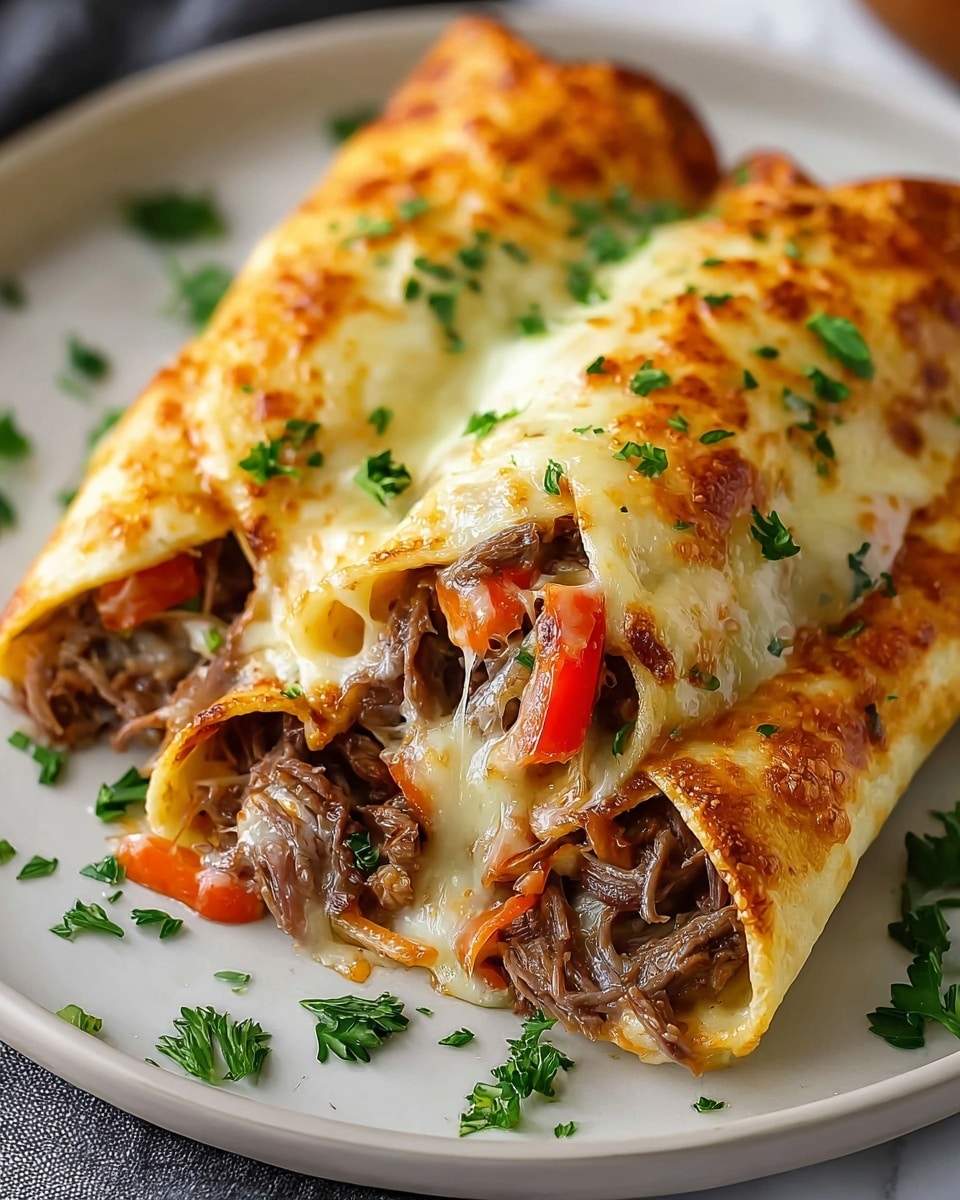 Two rolled crepes are filled with shredded cooked beef mixed with small pieces of red bell pepper and topped with melted, light golden cheese that has a bubbly texture. The crepes are golden brown with slightly crispy edges and are garnished with small green parsley leaves scattered on top and around them. The dish is served close-up on a white plate placed on a white marbled surface. photo taken with an iphone --ar 4:5 --v 7