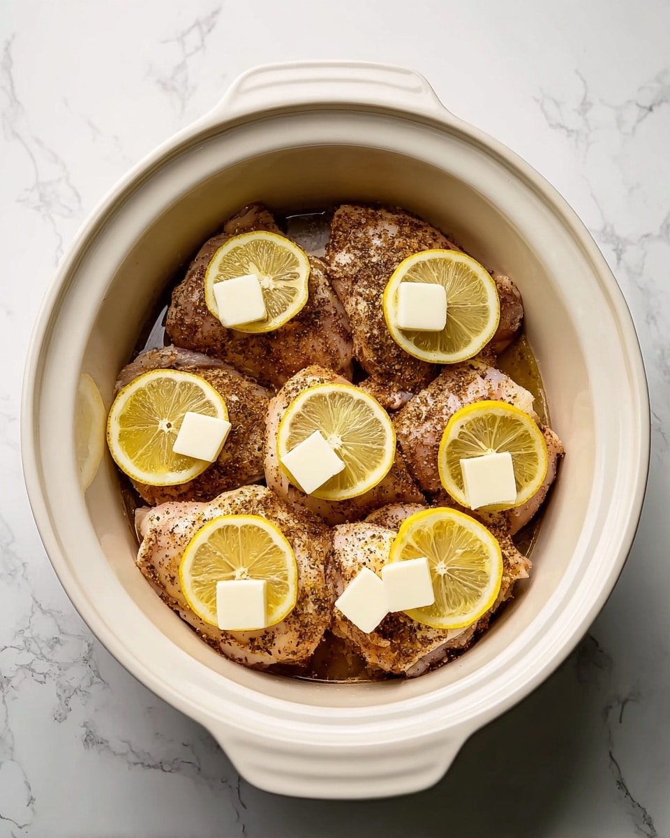 A white oval cooking pot filled with six pieces of raw chicken thighs spread out evenly inside. The chicken is covered with a brown spice rub that looks textured with herbs and black pepper. On top of the chicken, there are nine thin lemon slices placed evenly, each bright yellow and translucent. Alongside the lemons, five small white butter squares are scattered on different parts of the chicken. The pot is set on a white marbled surface showing faint gray veins. Photo taken with an iphone --ar 4:5 --v 7