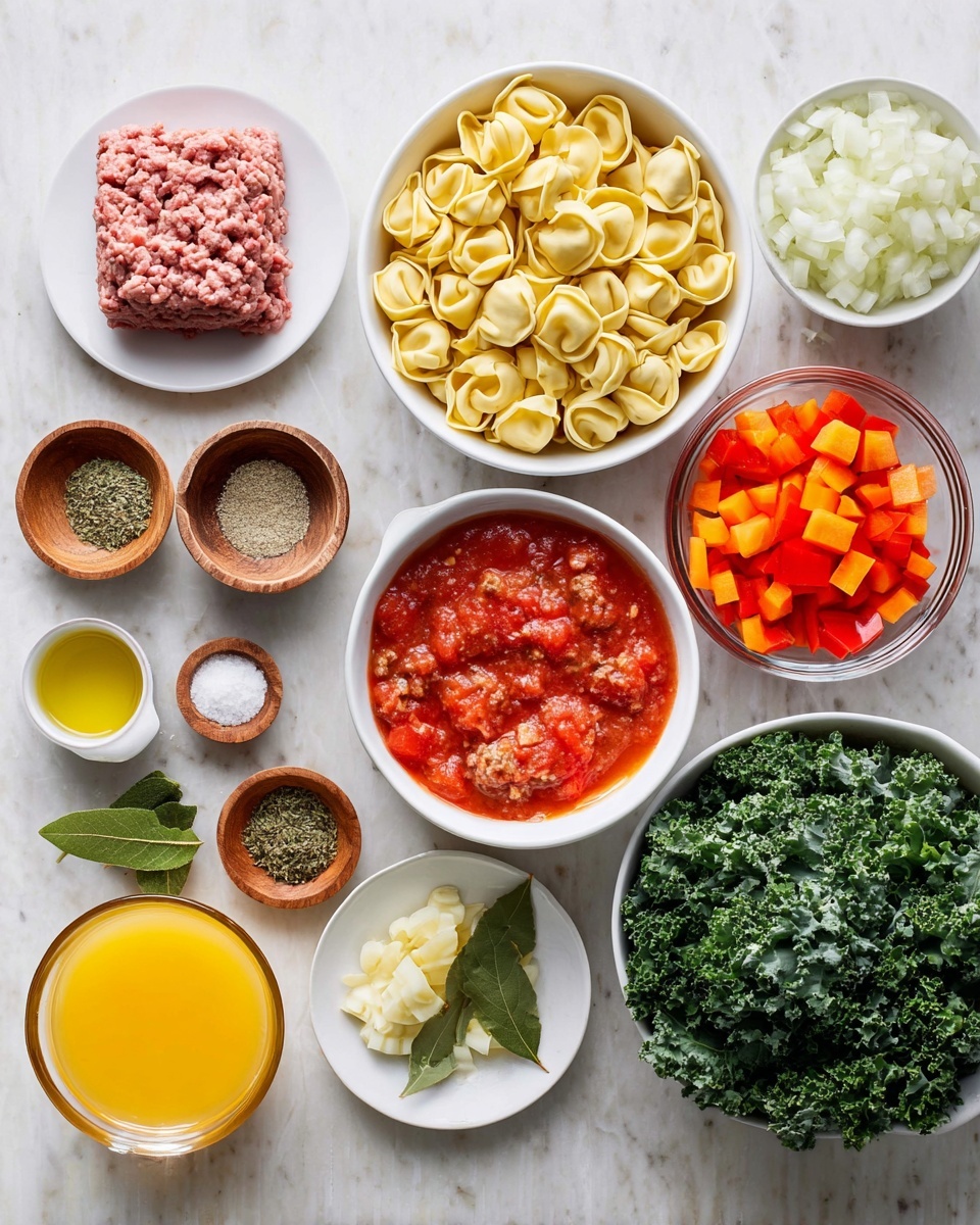 The image shows many ingredients laid out on a white marbled surface. There is a white plate in the top left with a square block of raw ground meat, and below it is a white bowl filled with uncooked tortellini that are pale yellow and shaped like small rings. To the right of the tortellini, there is a white bowl with chopped white onions, and next to it a smaller white bowl with diced red bell peppers. Above this bowl is a small clear glass holding cubed orange carrots. In the center of the image, a white bowl contains bright red diced tomatoes in sauce. Above that are two small wooden bowls holding dried oregano and black pepper. Towards the top right, a white bowl is filled with green leafy kale. Below the kale, a small white round dish holds a bay leaf, next to which is a small bowl with minced yellow garlic. A larger clear glass cup filled with bright yellow-orange liquid, likely broth, is near the center. Several small containers with chopped green herbs, crushed red pepper flakes, salt, and grated cheese complete the layout. photo taken with an iphone --ar 4:5 --v 7
