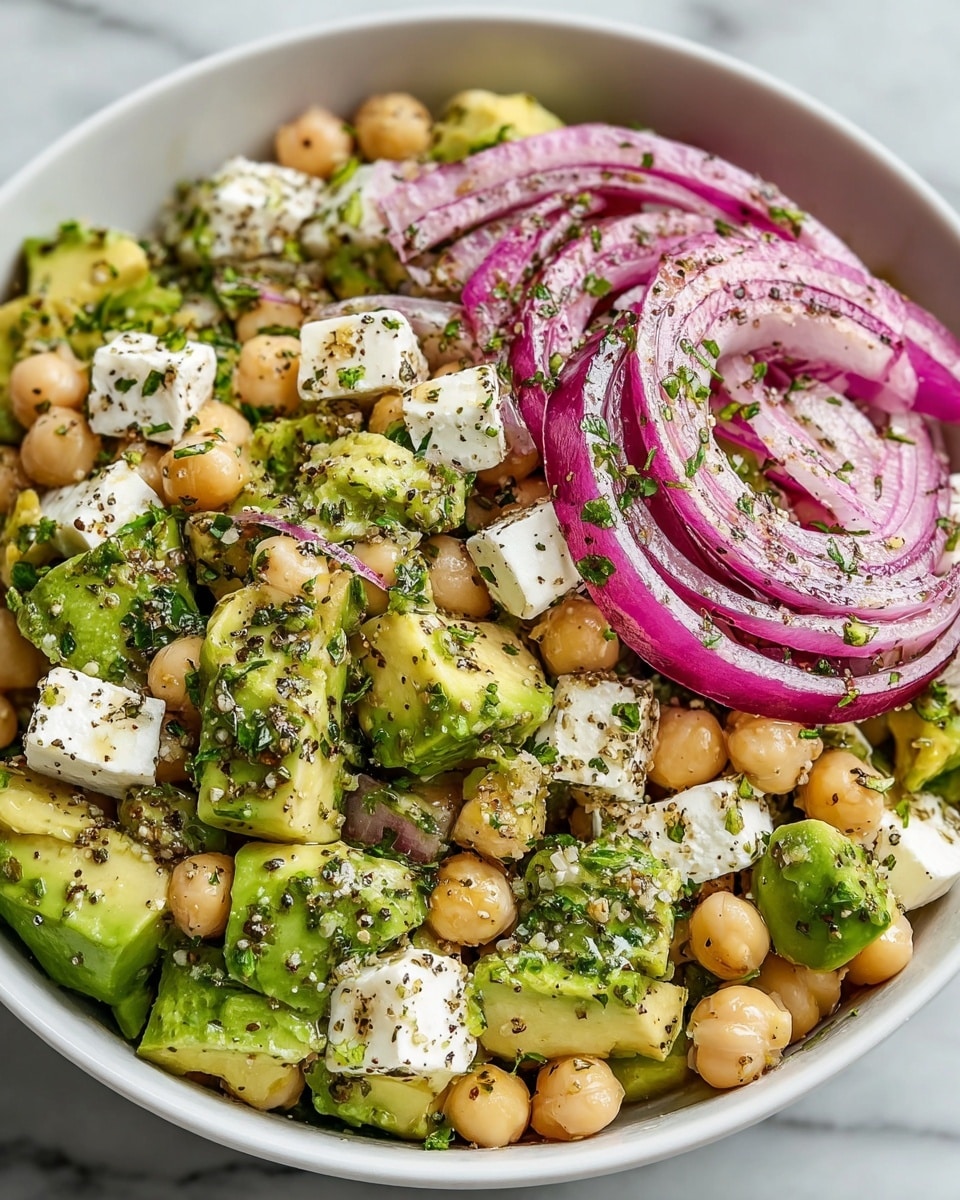 A white bowl filled with a salad made of three main layers: the bottom layer has light beige chickpeas that are smooth and round, the middle layer features bright green avocado chunks with a soft texture, and the top layer shows thin slices of purple-red onion and scattered small white crumbles of cheese. The salad is sprinkled with chopped fresh green herbs and black pepper, giving a speckled look. The bowl is set on a white marbled surface. Photo taken with an iphone --ar 4:5 --v 7
