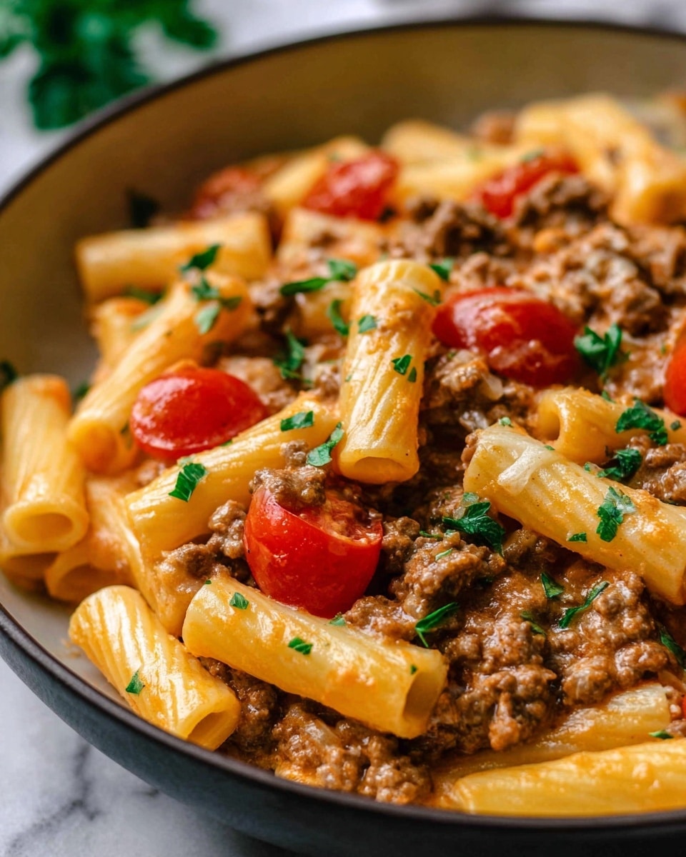 A close-up of creamy pasta with three clear layers: the base layer is made of short tube-shaped pasta with a smooth, light yellow texture; the middle layer features cooked ground beef pieces in a soft, brown sauce mixed evenly through the pasta; on top, there are bright red cherry tomatoes and fresh chopped green herbs scattered around, adding color contrast. The dish is served in a large white bowl, resting on a white marbled surface, with a soft focus on the background. Photo taken with an iphone --ar 4:5 --v 7
