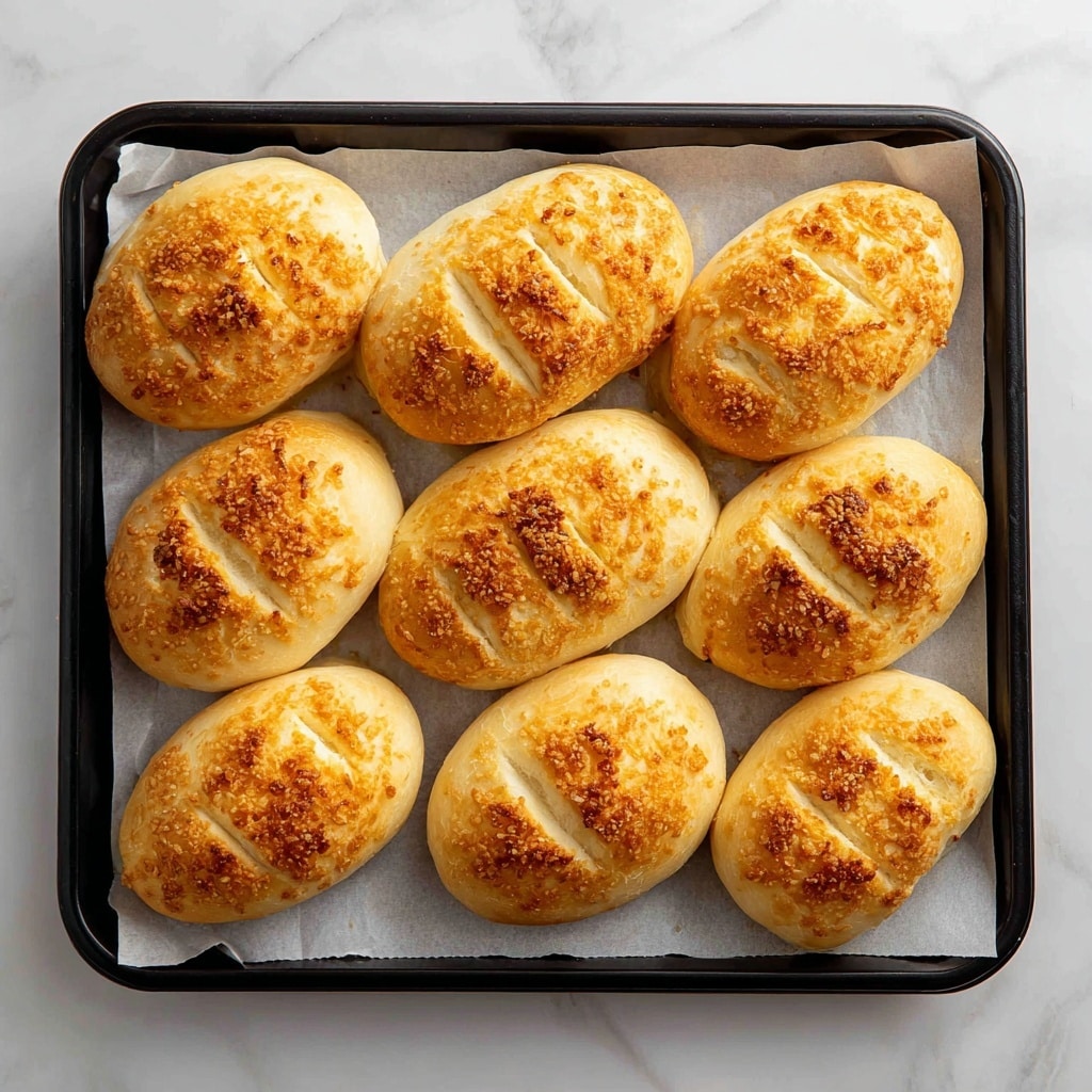 There are eleven golden brown baked buns placed in three rows on a black baking tray lined with white parchment paper. Each bun is shaped like a half ellipse and has five shallow diagonal cuts on the top. The tops have a crispy, crumbly texture with a slightly darker brown shade compared to the soft, smooth off-white sides visible under the topping. The tray sits on a white marbled surface, making the warm colors of the buns stand out. photo taken with an iphone --ar 4:5 --v 7