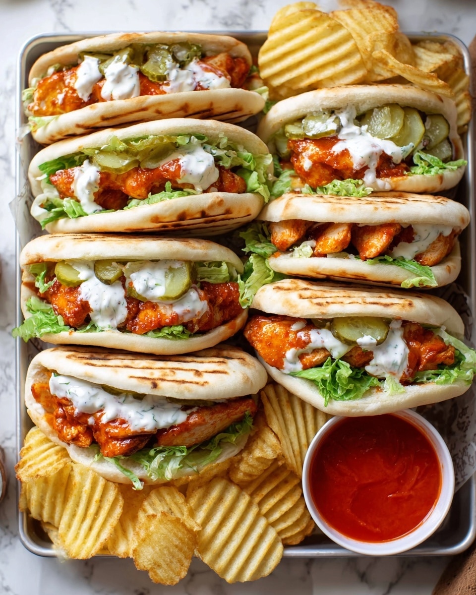 The image shows a tray filled with small sandwiches, each made with a golden-brown toasted bun that has a slightly crispy texture and light grill marks on top. Inside each sandwich, there is a layer of green lettuce at the bottom, topped with bright orange fried chicken pieces covered in a shiny sauce. There are also slices of green pickles and white creamy sauce spread on top, giving a smooth contrast to the crispy chicken and bread. The sandwiches are stacked neatly and surrounded by seasoned waffle fries, all placed on a white marbled surface. A small white bowl of orange dipping sauce and a glass with a light drink can be seen blurred in the background photo taken with an iphone --ar 4:5 --v 7