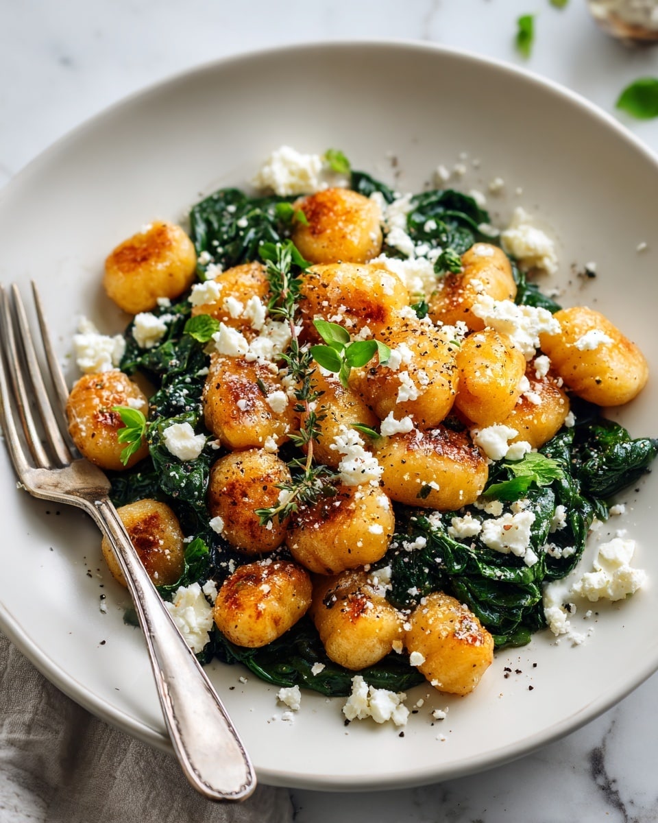 The dish shows two main layers: the bottom layer is a mound of cooked spinach with a deep green color and slightly wilted texture, arranged unevenly across the plate center. On top of the spinach are golden-brown gnocchi pieces, each with a crispy outer texture and some browning spots, scattered evenly across the plate. Small white crumbles of cheese are sprinkled generously on top of the gnocchi and spinach, adding a contrasting soft texture. The plate is white and round, with a fork resting on the right side. The background shows a white marbled surface with a pale cloth under the plate photo taken with an iphone --ar 4:5 --v 7