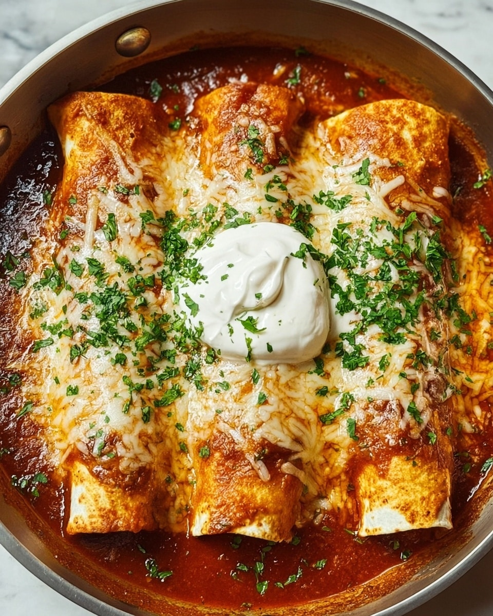 The image shows four rolled tortillas on a layer of red sauce in a round cooking pan. The tortillas are covered with melted white and light brown cheese and sprinkled with green chopped herbs. On top of the middle tortillas, there is a big round dollop of white sour cream, also garnished with green herbs. The sauce around the tortillas looks thick and rich, filling the pan edges. The cooking pan sits on a white marbled surface. photo taken with an iphone --ar 4:5 --v 7