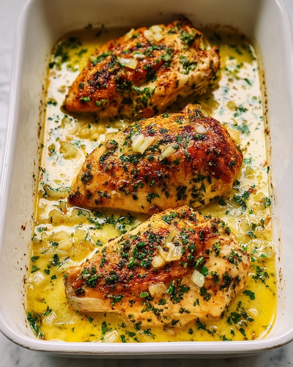 The image shows three well-cooked chicken pieces arranged in a row inside a white rectangular dish. Each chicken piece has a golden-brown color with a slightly crispy surface, seasoned with chopped green herbs and small pieces of cooked onion scattered on top and around. The chicken sits in a creamy yellow sauce with specks of green herbs throughout, which pools around the base of each piece. The white marbled surface beneath the dish adds a clean, bright background to the scene. photo taken with an iphone --ar 4:5 --v 7