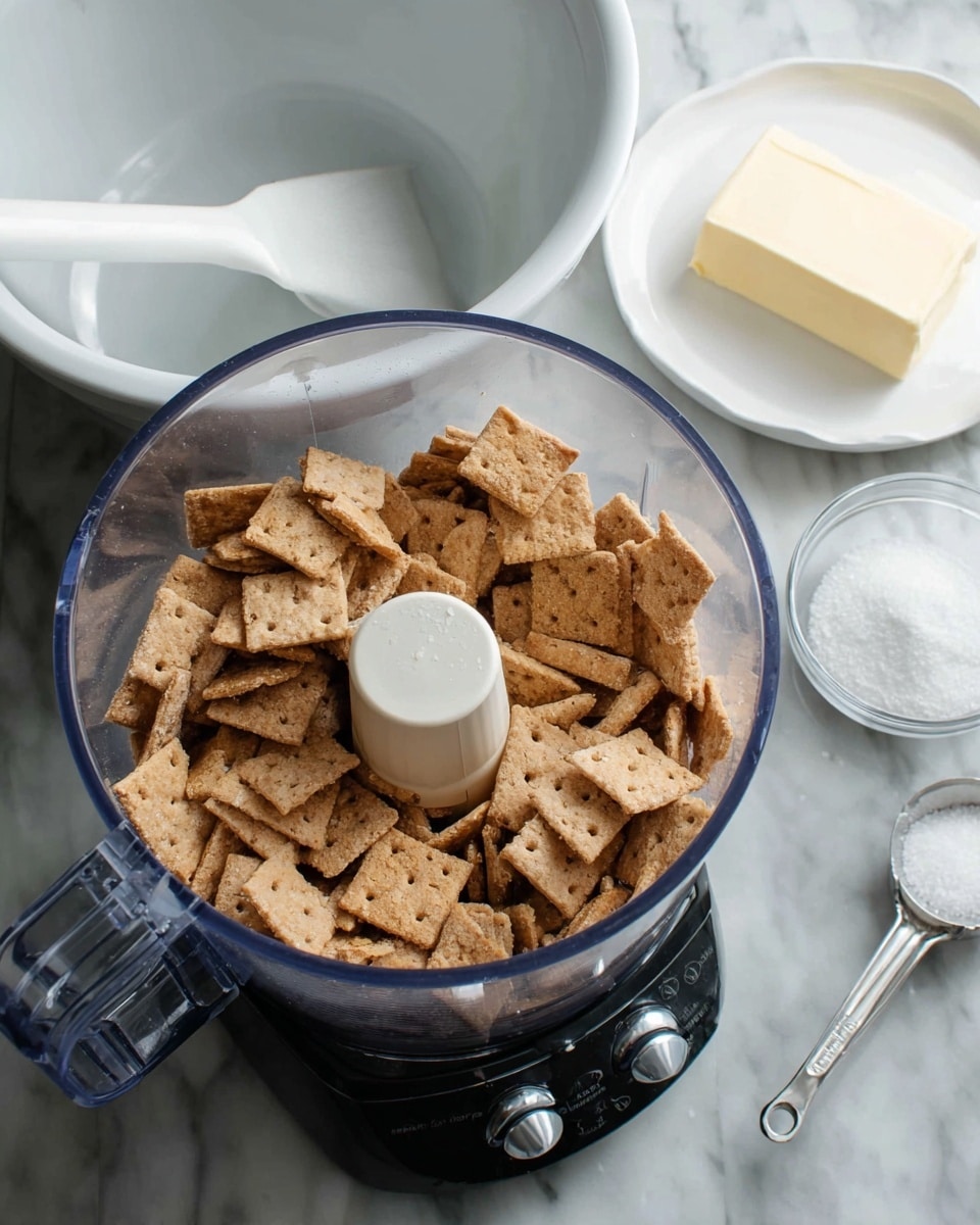The image shows a food processor filled with broken light brown square crackers with small holes, ready to be crushed. Behind it, there is an empty large white bowl with a white spatula inside. To the right front, a white rectangular piece of butter rests on a white plate, and a small clear bowl filled with white sugar is next to it, along with a white measuring spoon. The scene is set on a white marbled surface. photo taken with an iphone --ar 4:5 --v 7