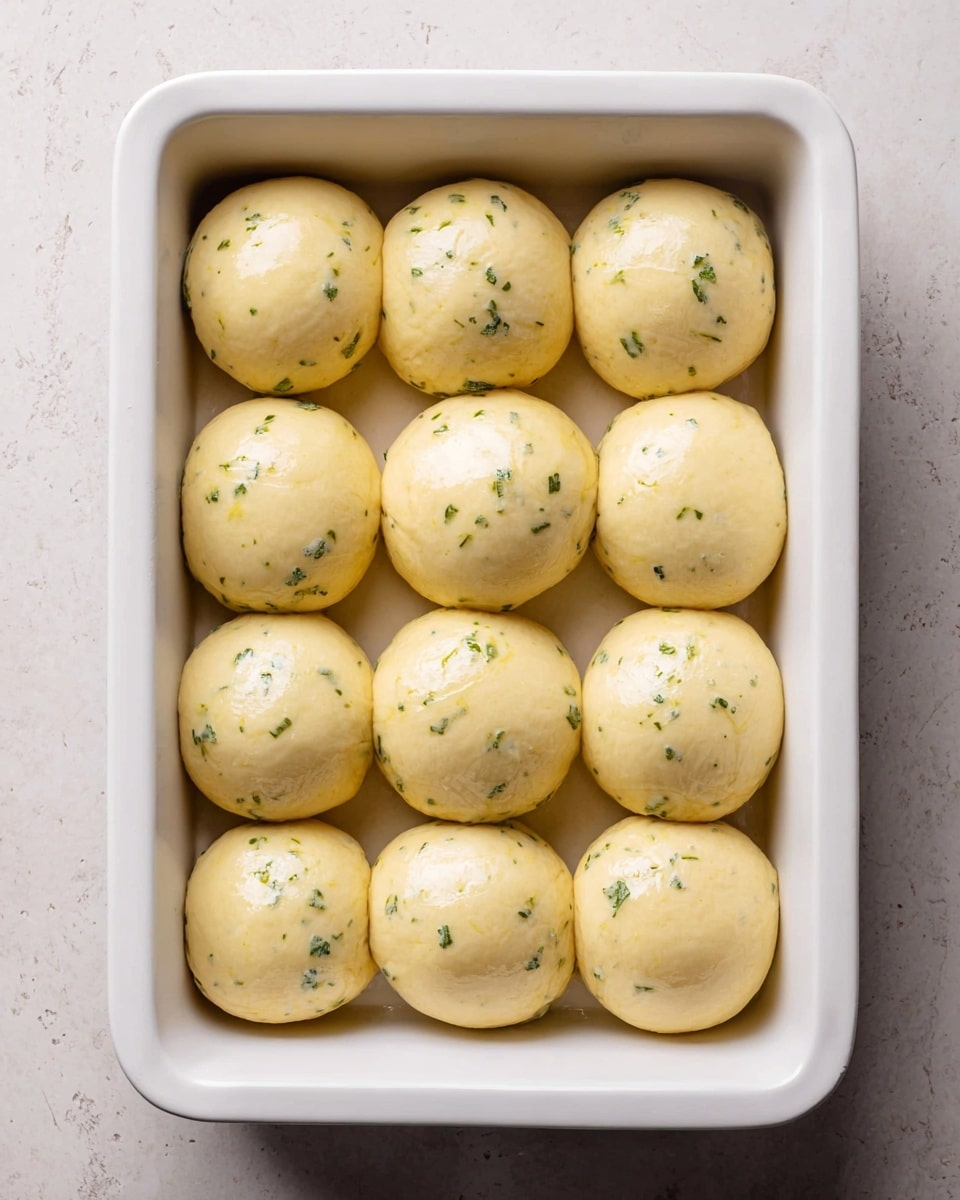 A close-up view of nine golden brown dinner rolls arranged tightly in a 3x3 grid, each roll with a shiny, slightly glossy surface. The tops are brushed with a buttery glaze and sprinkled with small bits of minced garlic and green parsley, adding texture and color contrast over the warm, soft bread. The rolls have a smooth, round dome shape with a light crust, and the gaps between them reveal the soft, fluffy inside. The background is a white marbled texture. photo taken with an iphone --ar 4:5 --v 7