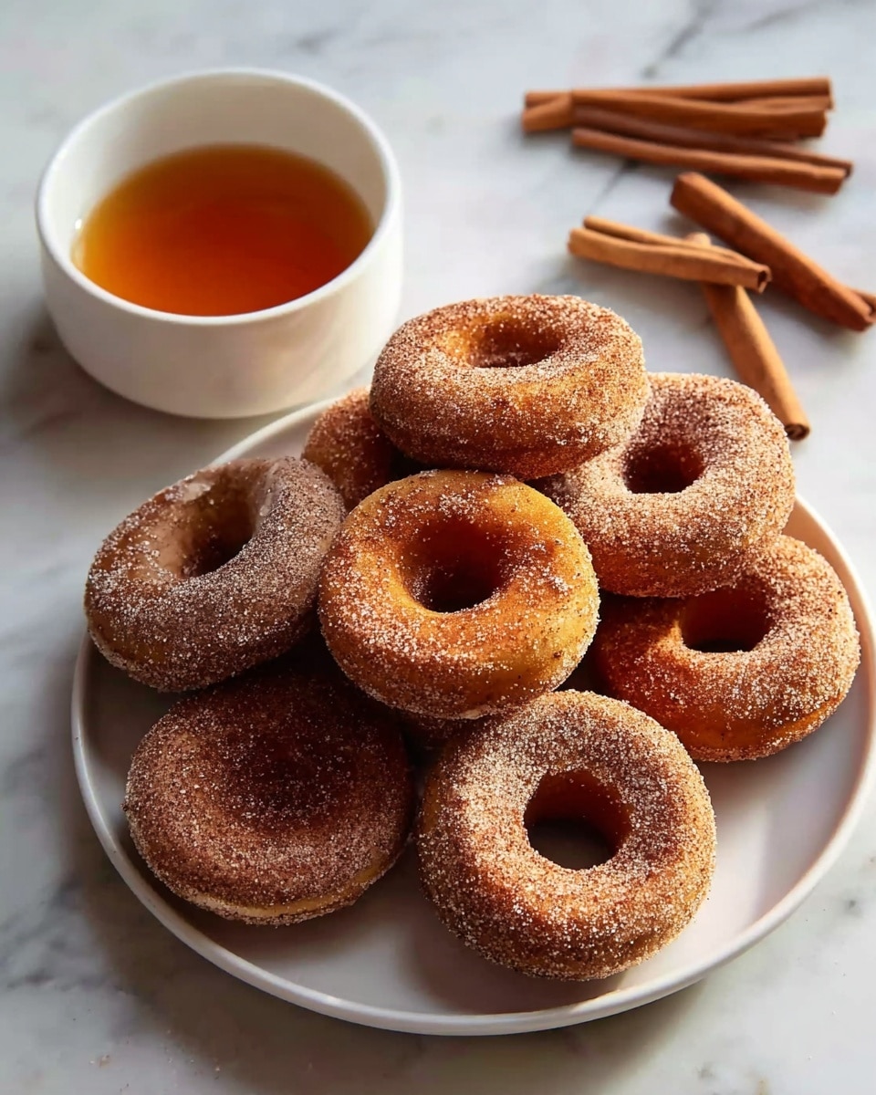 A white round plate holds seven cinnamon sugar donuts stacked in a slightly uneven pile, each donut covered in a fine layer of granulated sugar mixed with cinnamon specks giving them a light brown and textured look; the donuts have a golden to medium brown color with a visible inner hole and a soft, slightly rough surface. Next to the plate is a white ramekin filled with amber-colored syrup, its smooth glossy surface catching light, while in the background on a white marbled surface, there are several cinnamon sticks scattered casually. The lighting is natural, highlighting the sugar crystals on the donuts and the warm syrup color, creating a cozy, inviting scene. photo taken with an iphone --ar 4:5 --v 7