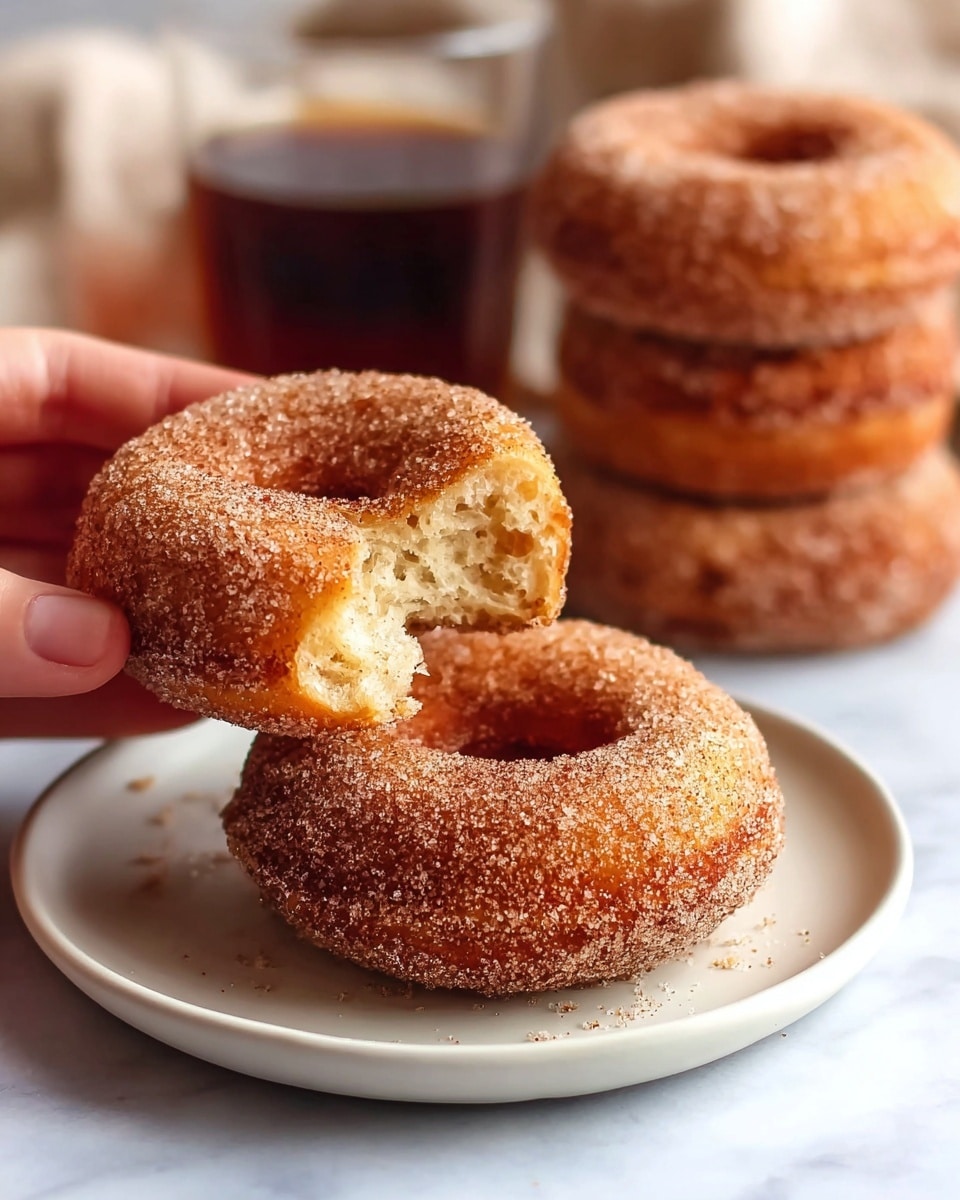 The image shows two cinnamon sugar doughnuts on a simple white plate placed on a white marbled surface. One doughnut is whole, round, and covered in a layer of grainy cinnamon sugar with a slightly rough texture, sitting flat on the plate. The second doughnut is being held by a woman's hand above the first one, broken in half to show a soft, airy inside with a light golden brown color. In the blurred background, there is a stack of similar cinnamon sugar doughnuts and a glass of dark liquid, possibly tea or coffee. The light gives the doughnuts a warm, inviting look. photo taken with an iphone --ar 4:5 --v 7
