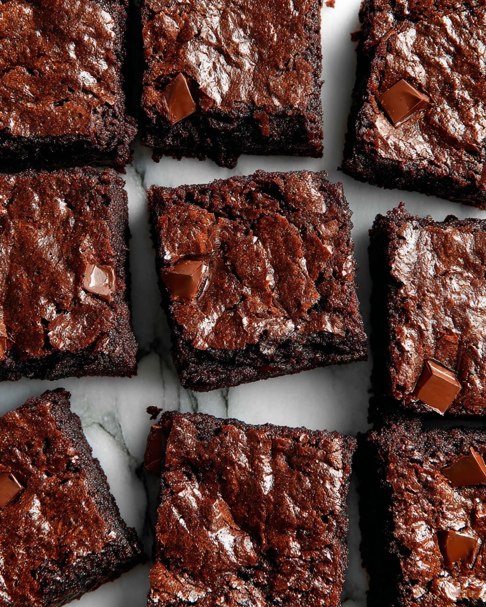 Nine pieces of dark brown brownies are placed close together on a white marbled surface. Each square piece shows a slightly rough and shiny top layer with a rich crumb texture. Scattered on top are small, lighter brown chocolate chunks embedded within the surface, adding variation to the smoothness. The edges of the brownies are clean and straight, showing a dense and moist interior just beneath the crackly top. Photo taken with an iphone --ar 4:5 --v 7