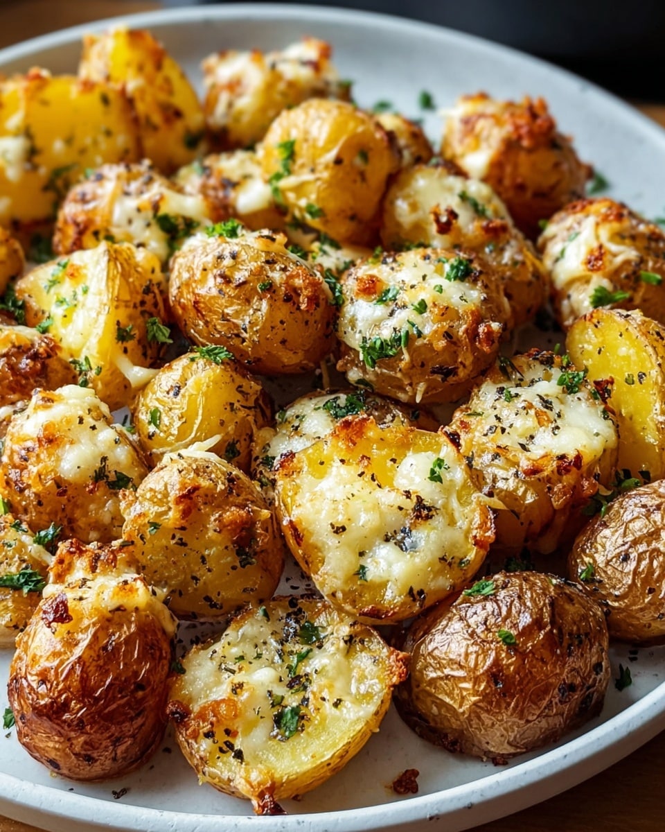 The image shows a white plate full of small roasted potatoes with golden brown crispy skin and soft yellow inside. Each potato is topped with melted white cheese that is slightly browned and bubbly in spots, sprinkled with small green herbs and coarse black pepper. The potatoes sit close together, filling the plate, with some cheese melted between them. The white marbled surface is just visible at the edge under the plate. photo taken with an iphone --ar 4:5 --v 7