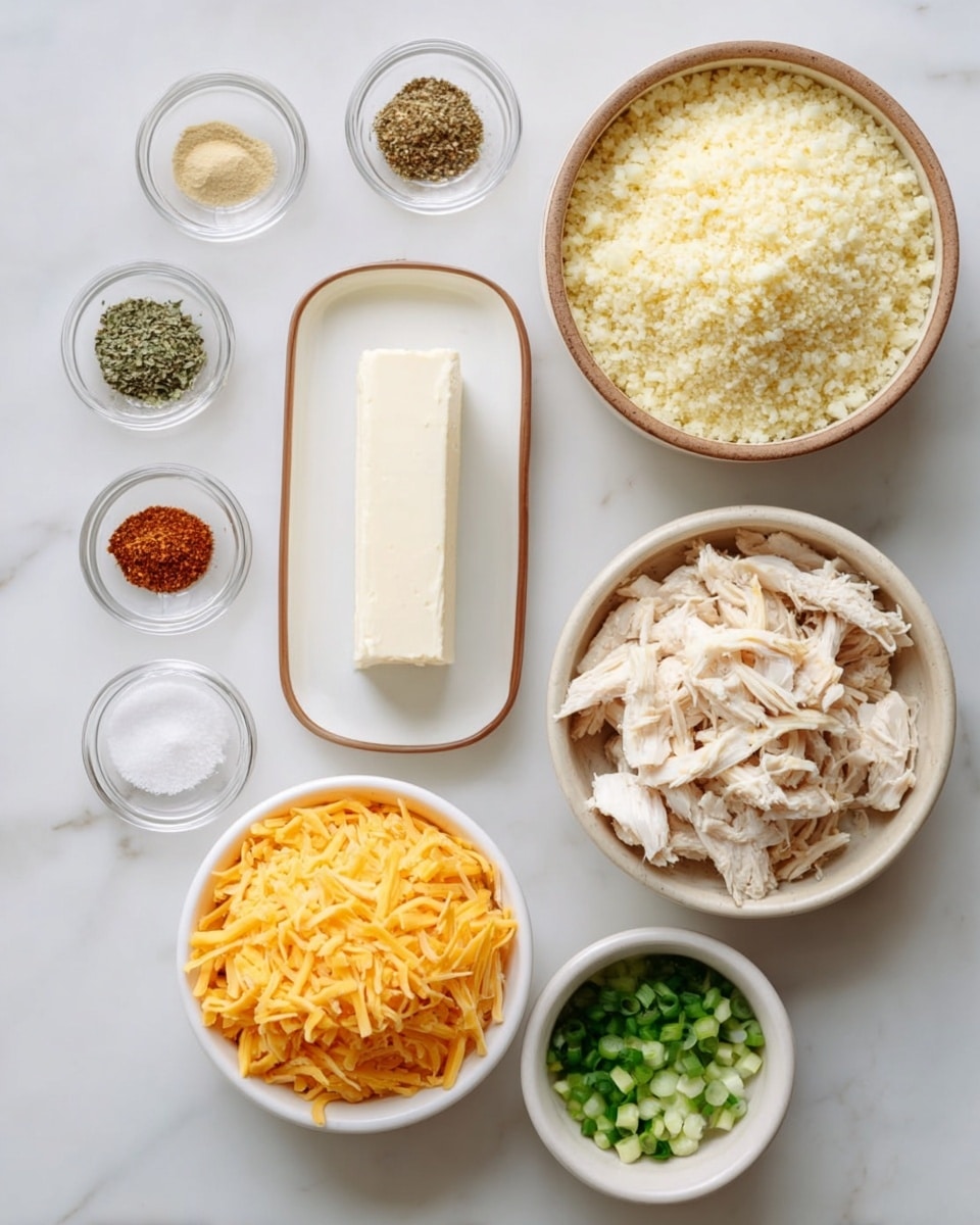 The image shows eight bowls and plates arranged on a white marbled surface. At the top left, a white rectangular plate with a brown rim holds a block of cream cheese. To the right, a white bowl is filled with small, pale yellow cauliflower rice. Below the cheese plate, six small bowls display different seasonings including salt, dried herbs, garlic powder, onion powder, paprika seasoning, and black pepper. In the middle, a white bowl contains shredded bright orange cheddar cheese. Just below that is a small bowl with chopped green onions. To the right, a white bowl holds shredded white meat chicken. All the items are neatly placed, and the lighting is bright and clear, photo taken with an iphone --ar 4:5 --v 7