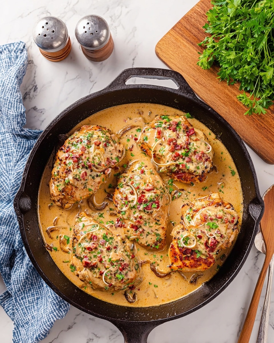 In a black pan, there are four thick pieces of browned meat covered with a creamy light brown sauce that has red bacon bits and thinly sliced onions on top. The sauce surrounds the meat, filling the pan with a creamy texture mixed with small green herb flakes scattered over the dish. The pan is placed on a white marbled surface, with a salt and pepper shaker near the upper left, fresh green parsley on a wooden board in the top right, and a wooden spoon on the bottom right next to a blue and white checkered cloth. Photo taken with an iphone --ar 4:5 --v 7