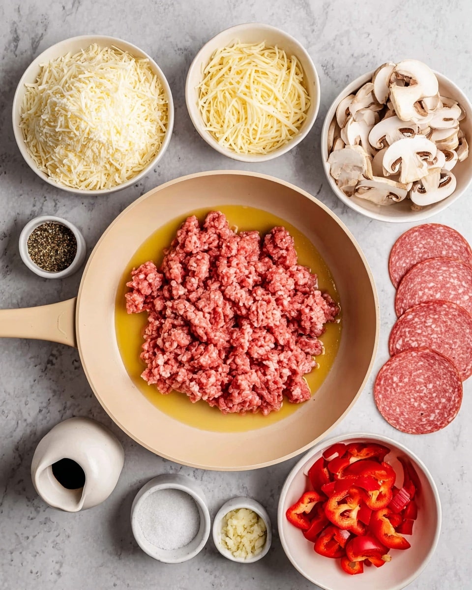 A white bowl filled with finely riced cauliflower sits on the left side, next to a white scalloped bowl full of shredded yellow cheese. Beside it, a white scalloped bowl holds sliced white mushrooms, and a small white bowl full of chopped red bell peppers sits further right. A shallow white bowl displays slices of red salami. In the center is a beige frying pan containing raw pink minced meat with some yellow oil pooling underneath. Two small white cups hold coarse salt and ground black pepper, and finely chopped garlic, respectively. All items rest on a grey surface. photo taken with an iphone --ar 4:5 --v 7