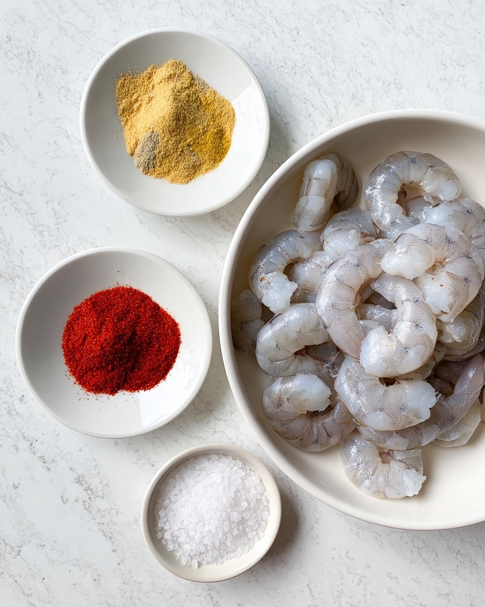 A white bowl filled with many raw shrimp, showing their curved shapes and greyish-white translucent shells, is placed on the upper right side of the image. Below it, a white plate holds three small piles of spices arranged side by side: on the left, a light tan powder, in the middle a bright red powder, and on the right a coarse white salt. Both the bowl and plate rest on a surface with a white marbled texture. Photo taken with an iphone --ar 4:5 --v 7