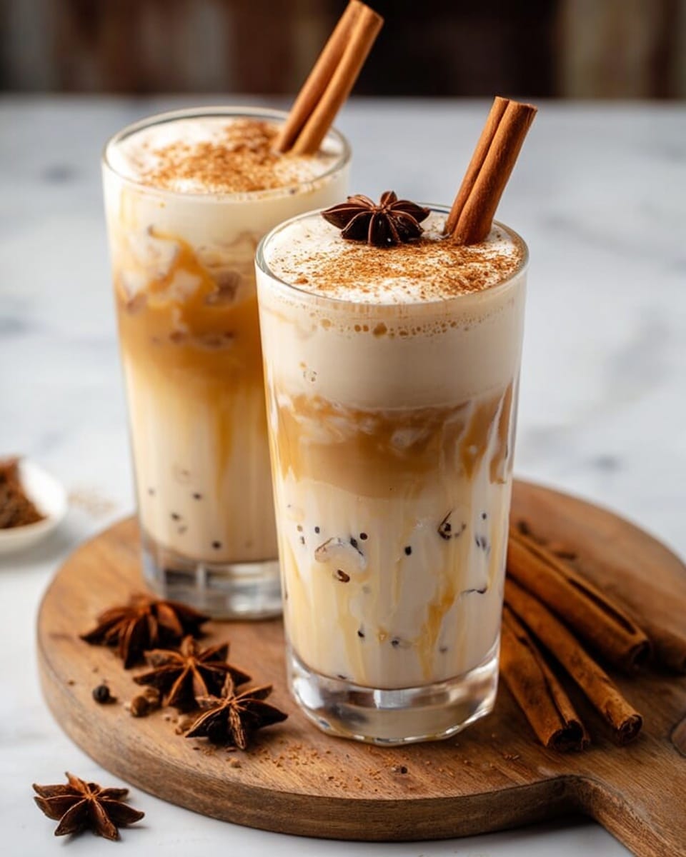 Two tall clear glasses on a white marbled surface are filled with a three-layer drink: the bottom layer is a thick caramel-colored syrup, the middle layer is a creamy light beige liquid with black specks swirling through it, and the top layer is a frothy foam dusted with fine brown powder. Each glass is garnished with a cinnamon stick and a star anise placed on the foam. There are more cinnamon sticks and star anise scattered on the surface around the glasses. In the background, a glass jar with a dark brown powder and some blurred kitchen items are visible. Photo taken with an iphone --ar 4:5 --v 7