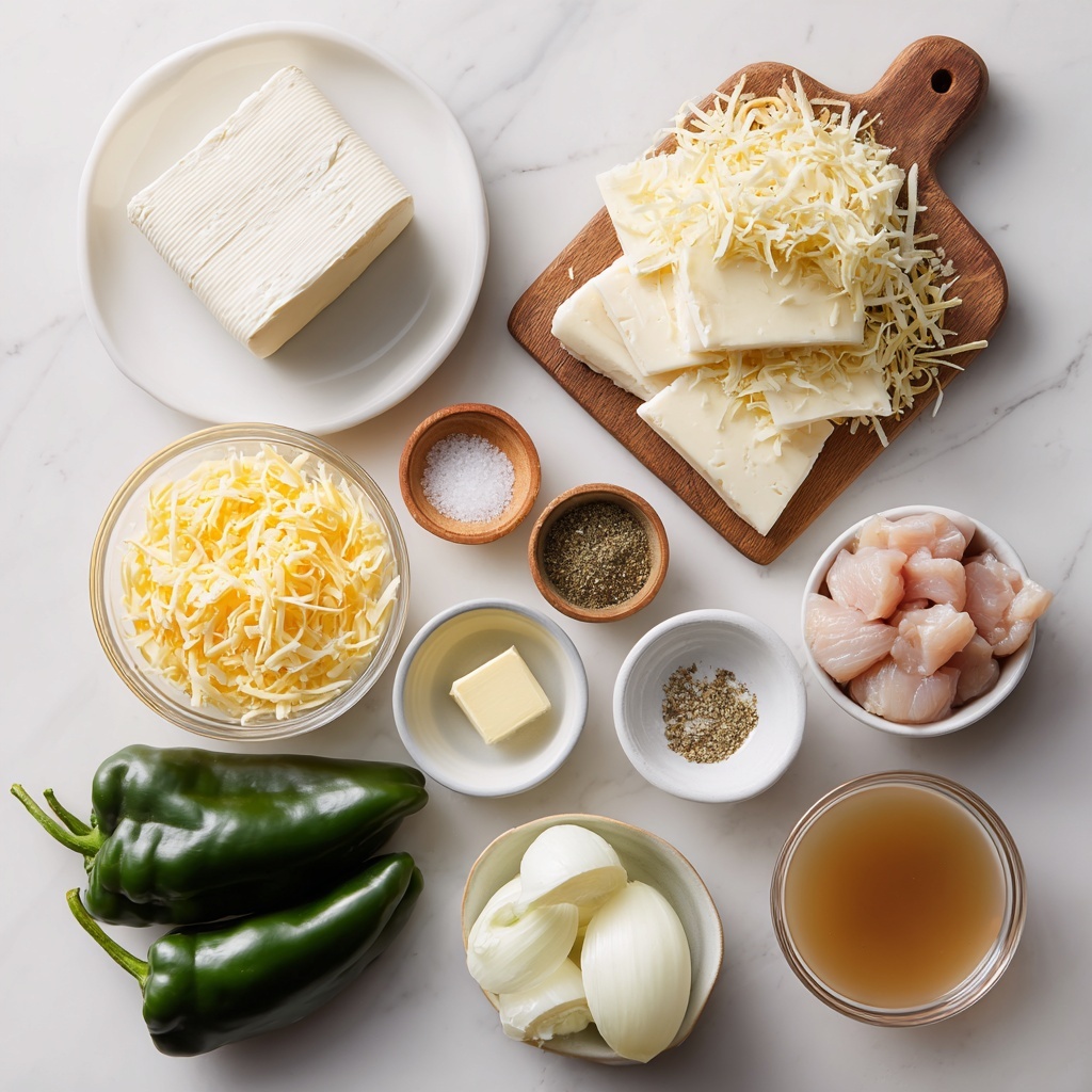 The image shows ingredients arranged neatly on a white marbled surface. At the top left, there is a white plate with a large block of cream cheese. To the right, on a wooden board, are several slices of white cheese with small pieces of herbs. Below the cream cheese, a clear glass bowl holds shredded cheddar cheese, light yellow in color. Next to it, a small glass bowl contains raw chicken pieces, pale pink and cubed. A small wooden bowl holds salt and black pepper, and nearby is a small white bowl with ground cumin, a white bowl with minced garlic, and another white bowl with small blocks of butter. A glass holds light brown broth, and next to it, a small glass bowl contains chopped white onions. A group of several dark green poblano peppers with smooth shiny skin rests on the bottom left. All ingredients are clean and bright, presented clearly, photo taken with an iphone --ar 4:5 --v 7