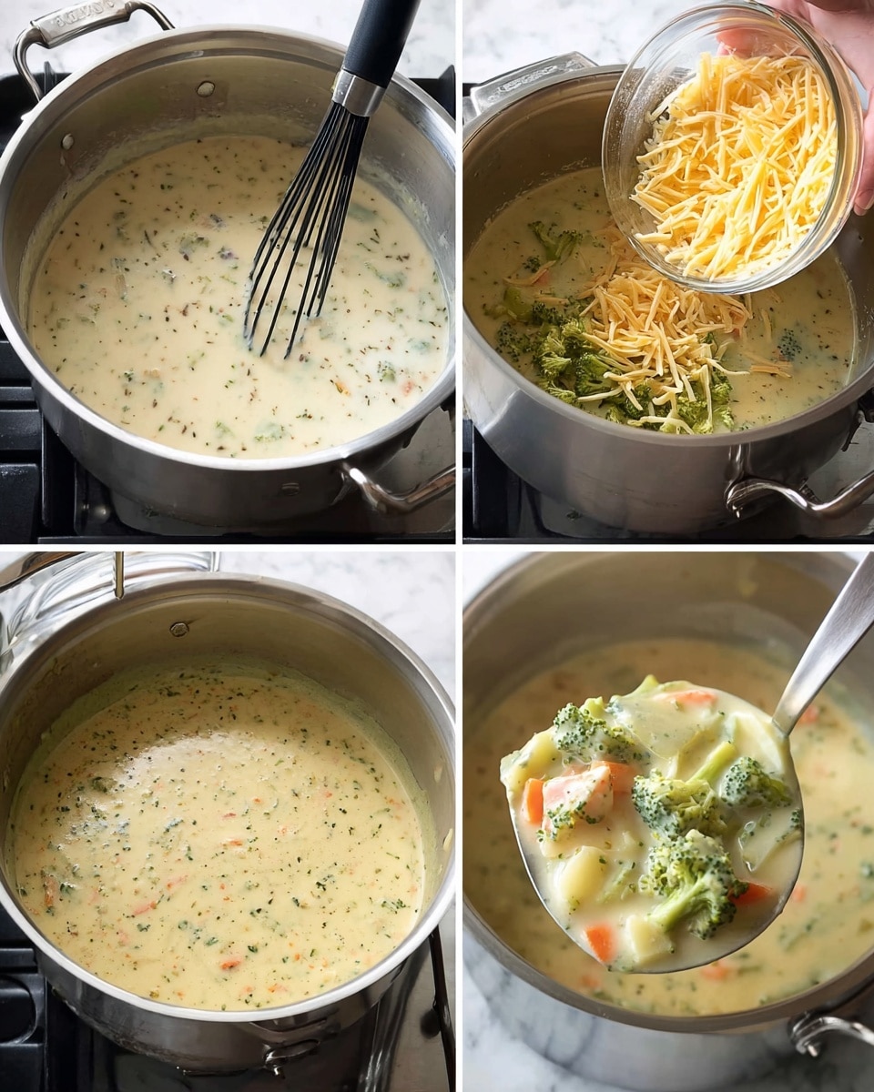 A pot on a stove with four scenes showing the making of a creamy broccoli cheese soup: the first scene shows a thick, light beige soup base with small black specks being stirred with a black whisk inside a silver pot; the second scene shows the same pot with the lid being lifted by a woman's hand, revealing soup with green broccoli pieces and orange carrot bits in the creamy base; the third scene shows shredded yellow cheese being poured from a clear bowl into the pot filled with the broccoli and carrot soup base; the last scene is a close-up of a ladle holding chunky soup with visible bright green broccoli, orange carrot pieces, and creamy pale yellow broth, held over the pot on a white marble surface photo taken with an iphone --ar 4:5 --v 7
