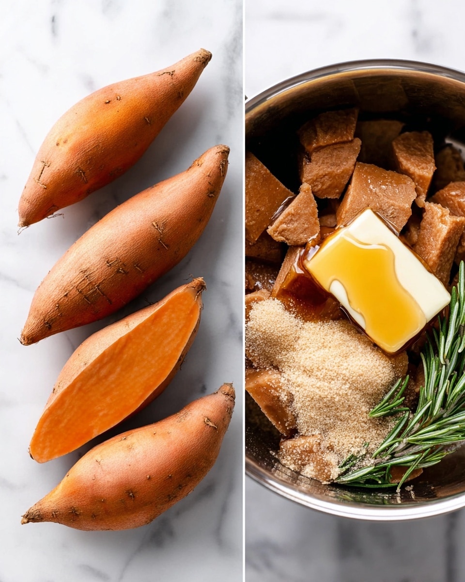 The image shows six peeled sweet potatoes stacked in two vertical rows on a white marbled surface on the left side, their smooth orange skin visible with natural texture and pointed ends. On the right side, there is a close-up of a silver pot containing several brown sugars forming uneven piles with light and dark tan shades, a square of pale yellow butter sitting on top, and a drizzle of golden syrup over the butter. A sprig of fresh green rosemary lies beside the pot on the white marbled surface. photo taken with an iphone --ar 4:5 --v 7