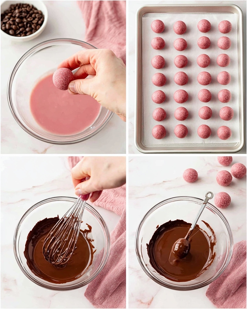 The image shows four steps of making pink round balls dipped in chocolate. In the first part, a woman's hand holds a small, smooth, pink ball over a clear glass bowl filled with pink mixture, with coffee beans in the background on a white marbled surface. The second part shows a white baking tray with neat rows of many small pink balls evenly spaced on parchment paper. The third part shows a clear glass bowl filled with shiny, melted brown chocolate with a whisk inside and some chocolate on the side, placed on the white marbled surface with a pink cloth nearby. The last part shows a round ball on a dipping tool coated in glossy brown chocolate above the same bowl of melted chocolate. Photo taken with an iphone --ar 4:5 --v 7