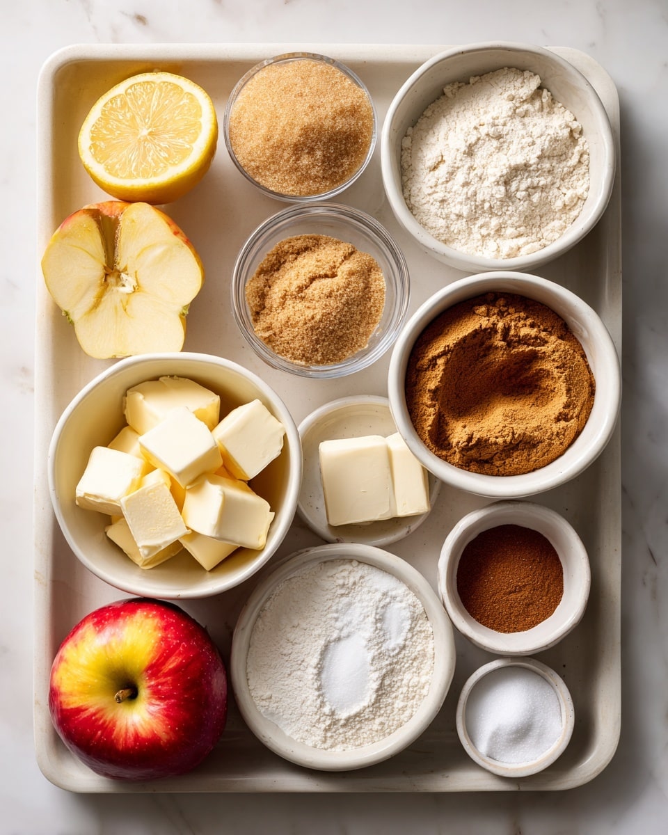 The image shows two side-by-side flat lays of baking ingredients on a white marbled surface. On the left, there are six clear or small white bowls and one whole apple arranged neatly: top left contains half a lemon cut to show the inside, top center has light brown sugar with a grainy texture, below that is a clear bowl with cloudy cornstarch and water, bottom left holds creamy vegan butter cubes in a small white bowl, bottom center shows a red and yellow Honeycrisp apple, and in the middle right a small brown bowl contains soft brown pumpkin pie spice powder. On the right side, ingredients sit on a metal tray including a clear bowl with white granulated sugar top left, a bowl with light brown sugar top right, a clear bowl with cut vegan butter chunks in the center, a small white bowl with dark vanilla powder below the sugar, and another small bowl with brown flax egg mixture. There’s also a white bowl filled with all-purpose flour bottom left, a small bowl with mixed pumpkin pie spice, salt, and baking powder in the middle, and a white small bowl with chunky apple pie filling bottom right. Photo taken with an iphone --ar 4:5 --v 7