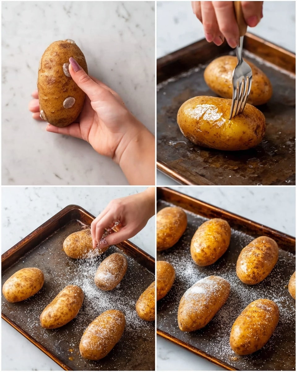 The image shows four steps of preparing potatoes on a white marbled surface. In the top left, a woman’s hand holds a brown potato while another woman’s hand presses a fork into it, creating small holes. The top right shows a woman’s hand brushing oil onto a shiny brown potato that sits on a dark baking tray. The bottom left shows a woman’s hand sprinkling salt over several potatoes on the same tray. The bottom right displays five golden-brown potatoes on the tray, covered lightly with white salt. photo taken with an iphone --ar 4:5 --v 7