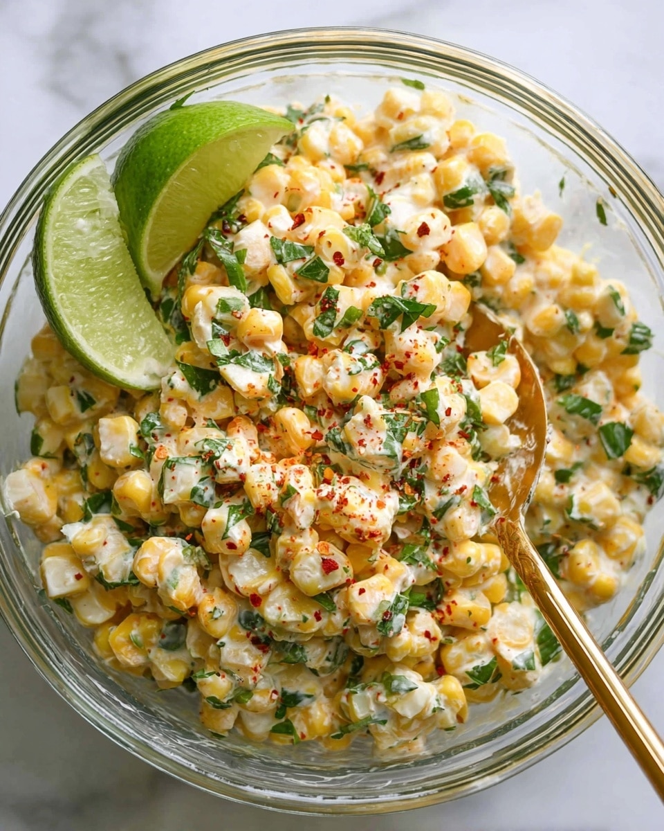 A clear glass bowl filled with a creamy corn salad made of yellow corn kernels mixed with white sauce, green chopped herbs, and small red spice flakes sprinkled on top. A bright green lime wedge is placed on the left side inside the bowl, and a golden spoon is partially submerged on the right side. The bowl sits on a white marbled surface. photo taken with an iphone --ar 4:5 --v 7