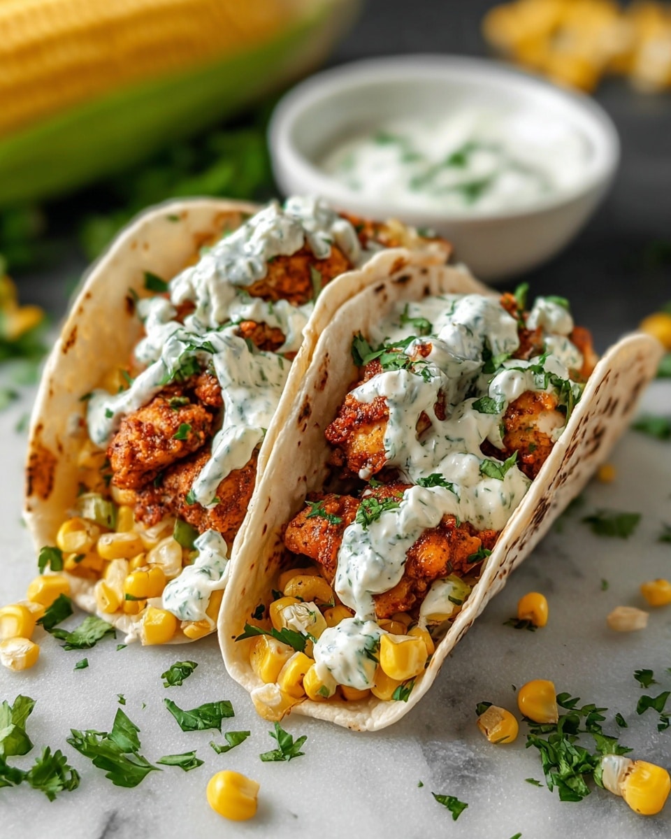 Two soft white tortillas hold layers of bright yellow corn mixed with finely chopped white onion and green herbs as the base, topped with crispy, browned pieces of fried chicken. Above the chicken, there is a thick drizzle of creamy white sauce with green specks of herbs, and some fresh green cilantro leaves are scattered on top and around the tacos. The tacos rest on a white marbled surface with some loose corn kernels and cilantro leaves scattered nearby. A white bowl with more creamy sauce is blurred in the background, along with a piece of corn on the cob. Photo taken with an iphone --ar 4:5 --v 7