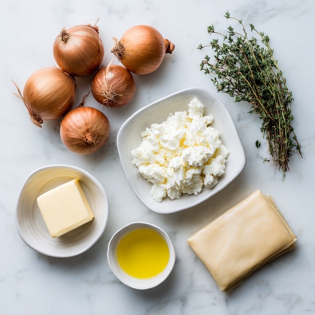 The image shows six cooking ingredients placed on a white marbled surface: four whole onions with brown skins grouped at the top left, a small bunch of fresh thyme with green leaves at the top right, a square white bowl in the center holding soft, crumbly white goat cheese, a small white dish below it with a pale yellow cube of butter, a small white bowl below that containing light yellow oil, and a folded rectangular sheet of pale beige puff pastry positioned diagonally on the bottom right. Each ingredient is clearly visible and spaced apart. photo taken with an iphone --ar 4:5 --v 7