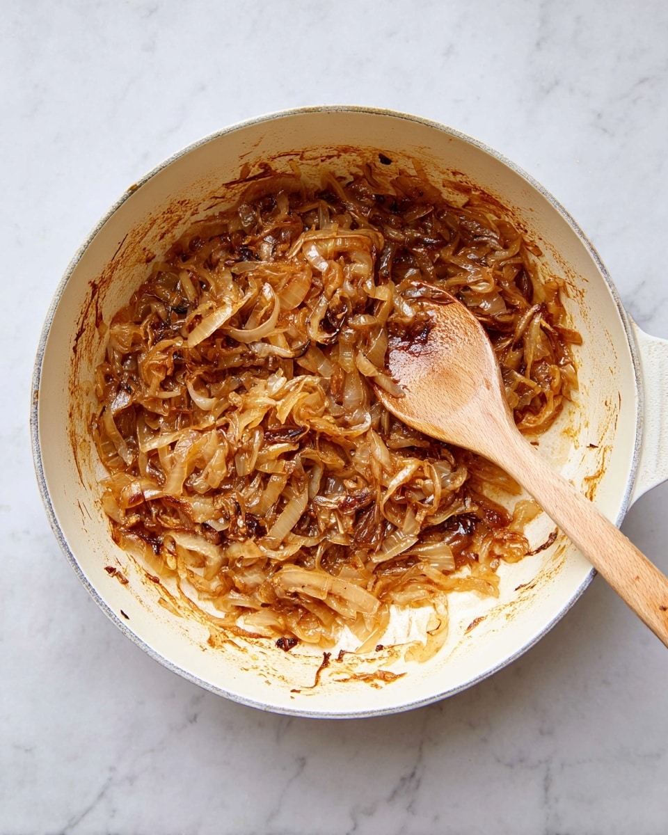 A white round pot filled with one main layer of cooked onions that are caramelized to a deep golden brown color with some darker caramel spots; the onions are soft and stringy, spread evenly across the pot’s base. Inside the pot lies a light wooden spoon, resting diagonally from the bottom left toward the center, partially covered with the same cooked onions. The pot sits on a white marbled surface, showing some light brown discolorations and sauce marks along the inner sides of the pot. photo taken with an iphone --ar 4:5 --v 7