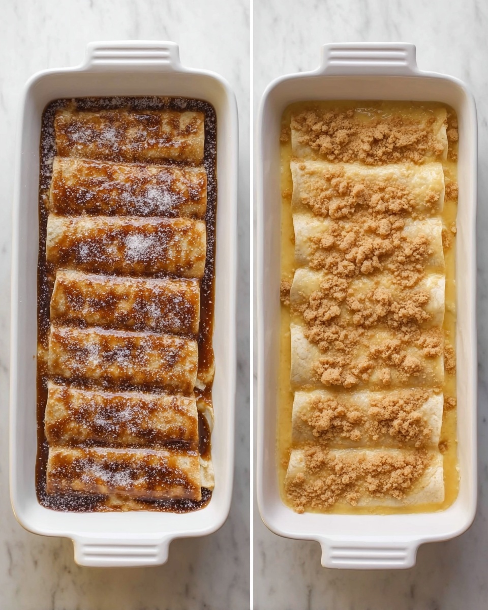 The image shows two white baking dishes side by side on a white marbled surface. Each dish contains soft rolled tortillas arranged in two layers, five or six pieces per dish. The left dish’s tortillas are covered with a layer of dark brown sauce topped with a sprinkling of white granulated sugar, creating a speckled pattern. The right dish’s tortillas are covered with a lighter yellow sauce sprinkled with crumbled, crumbly topping that looks dry and slightly uneven, forming small clusters on the surface. Both dishes show the tortillas nearly filling the trays edge to edge. Photo taken with an iphone --ar 4:5 --v 7