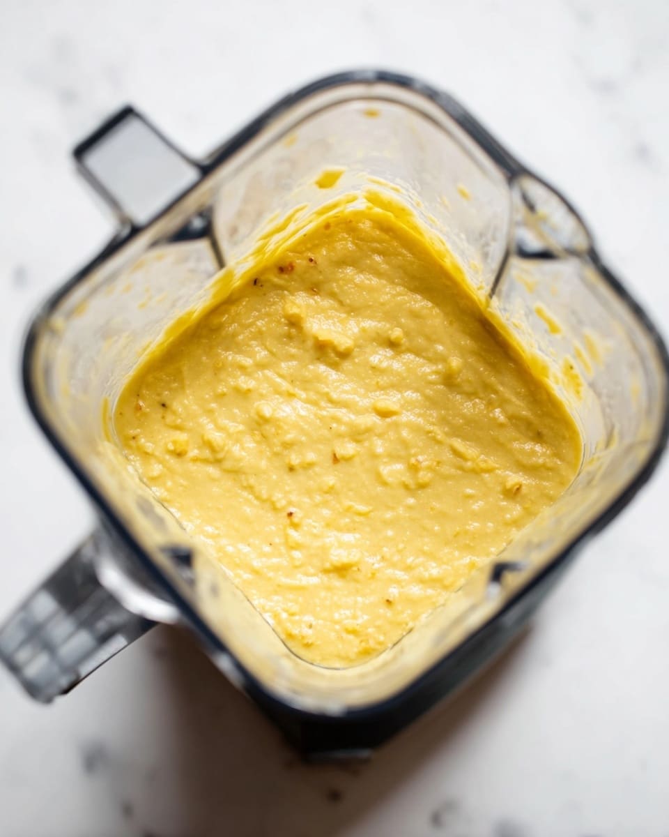 The image shows a close-up of a blender container filled nearly to the top with a thick, creamy yellow mixture. The mixture has a slightly chunky texture with small bits visible throughout, giving it a rough surface. The blender container is made of clear plastic, allowing a good view of the mixture inside, and it sits on a white marbled surface. The lighting is bright, highlighting the glossy, moist texture of the mixture. Photo taken with an iphone --ar 4:5 --v 7