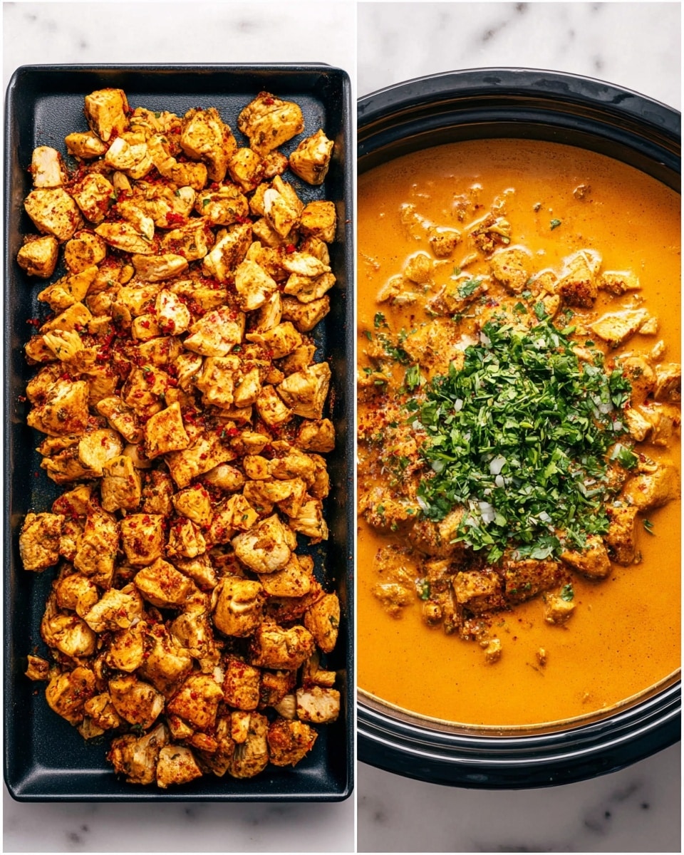The dish shows two parts side by side. On the left, there is a thick layer of golden-brown cooked chicken pieces spread evenly on a flat black tray. The chicken is cut into small chunks with visible spices topping it, showing a mix of light and darker golden colors with some red spots. On the right, the cooked chicken pieces are placed in a large black bowl, in the middle of smooth creamy orange sauce that fills the bowl halfway. On top of the chicken and sauce, there is a finely chopped green herb garnish piled in the center, adding a fresh vibrant contrast. The background is white marble. Photo taken with an iphone --ar 4:5 --v 7