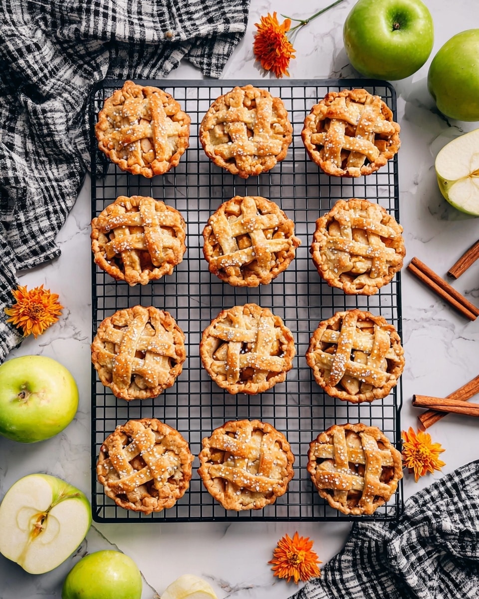 Two small mini apple pies stacked on each other, each with a flaky golden crust shaped in a lattice pattern on top sprinkled with coarse sugar crystals. Inside, you see chunky pieces of cooked apples with a light cinnamon coating, some pieces showing green skin. The pies have thick, round crust edges with a slightly uneven, homemade texture. They sit on a white marbled surface with a blurred background and a white checkered cloth beneath. Photo taken with an iphone --ar 4:5 --v 7
