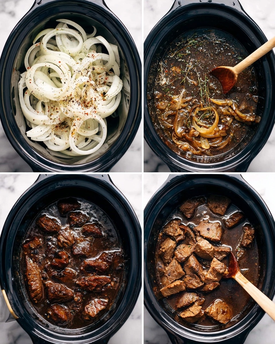 The image shows four stages of cooking in a black round pan or slow cooker, placed on a white marbled surface. In the first stage, there are large white onion slices spread on an oily black pan. The second stage shows the onions cooked, now translucent brown with specks of black pepper and herbs, stirred by a wooden spoon on the right side. The third stage has chunks of browned meat in dark brown liquid, some pieces floating while others rest at the bottom of the pan. The last stage features the meat fully cooked and darker, mixed with onions and herbs, sitting in thick dark brown sauce inside the pan. photo taken with an iphone --ar 4:5 --v 7