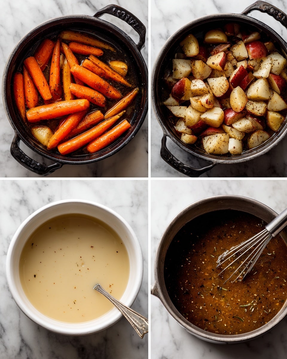 The top left shows a black pot filled with a mix of orange baby carrots and chunks of red and white potatoes layered on top of a dark broth. The top right image displays the same pot where the carrots and potatoes are now coated in a dark, seasoned liquid, with visible pepper and herb specks creating a rich texture. The bottom left features a white bowl with a smooth, milky white liquid and a silver fork resting inside. The bottom right displays a close-up of a dark brown gravy-like sauce in a black pot, with a whisk partially dipped into the thick, speckled liquid. The background surface is white marble in all images photo taken with an iphone --ar 4:5 --v 7