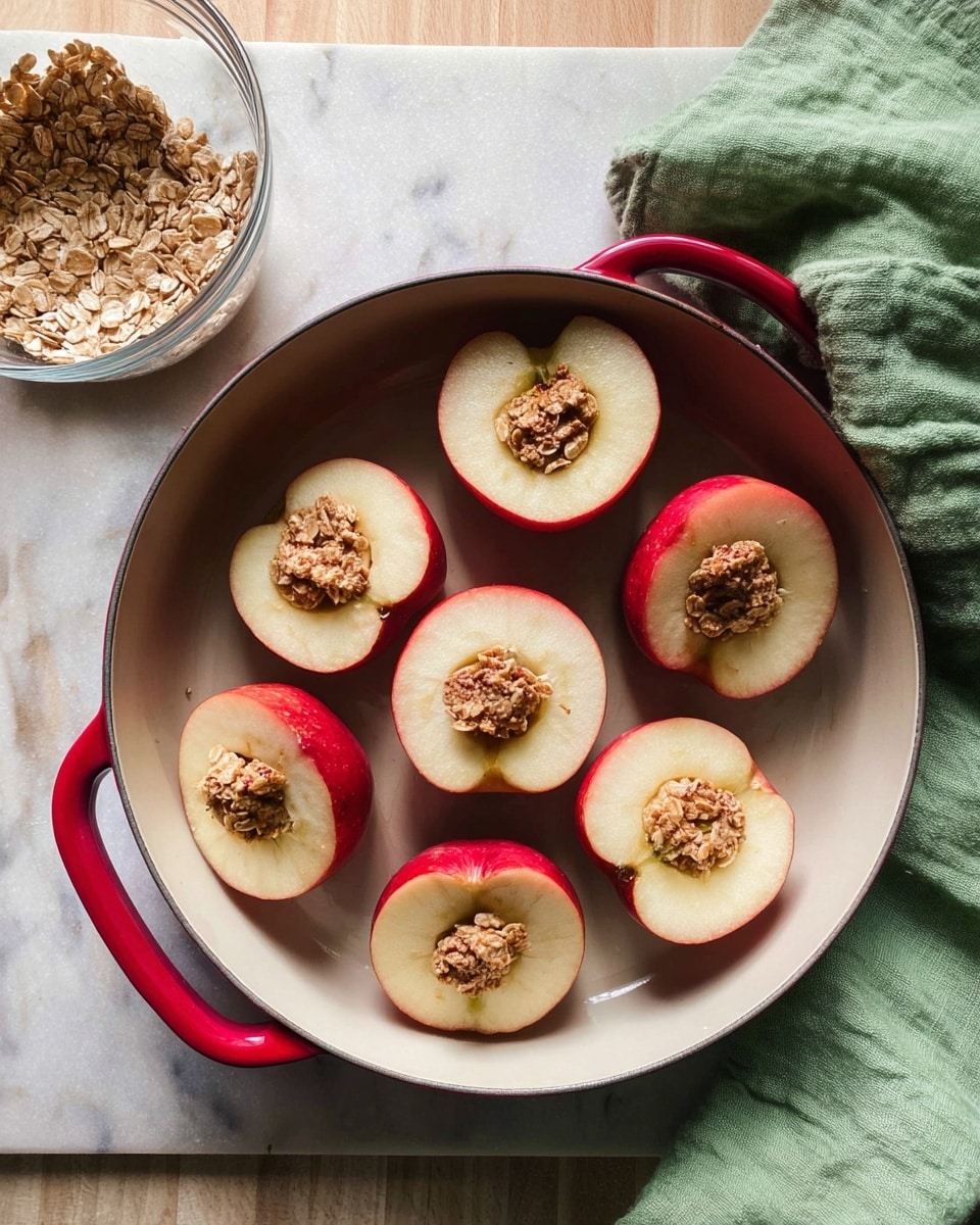 The image shows a round white pan with red handles placed on a white marbled textured surface. Inside the pan, there are eight apple halves arranged in a circle, four of which have a clump of oat mixture placed in their hollow centers, while the other four are empty. The apple halves have red skins and white flesh. To the top left of the pan, there is a clear glass bowl with some oat mixture inside. A green cloth is casually placed to the top right of the pan. The setting is lit with natural light giving a fresh, homey feel photo taken with an iphone --ar 4:5 --v 7
