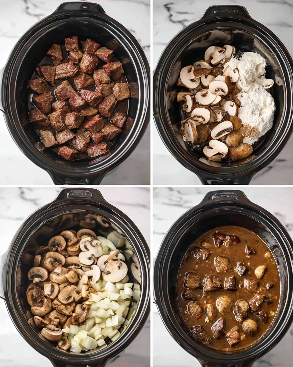 The image shows four stages of cooking a beef and mushroom stew in a black slow cooker, placed on a white marbled surface. In the first part, browned beef cubes with a rich, dark brown color fill the cooker, surrounded by bowls of sliced mushrooms, seasoning, and liquid sauces. In the second part, the beef cubes are covered with a whitish powder, likely flour, and some liquid, appearing ready to simmer. In the third part, a layer of roughly chopped light brown mushrooms and white onion pieces covers the bottom and sides of the cooker. In the last part, the stew is fully cooked, showing dark brown beef chunks mixed with softened mushrooms in a rich, thick brown sauce that fills the cooker about halfway. Photo taken with an iphone --ar 4:5 --v 7