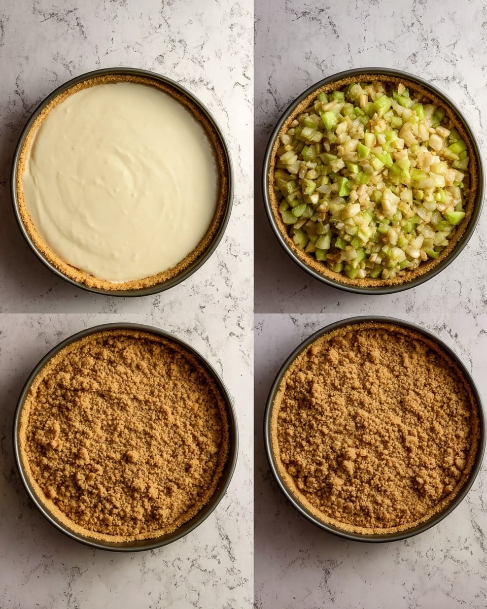 A round pan holds three stages of a dessert. The first stage shows a smooth, cream-colored layer filling a golden-brown crust that lines the pan’s edges and bottom. The second stage adds a thick, uneven layer of light green and yellow chopped fruit pieces on top of the cream filling, filling the pan fully with a slightly rough, chunky texture. The third stage covers the fruit with a crumbly, tan brown topping that looks dry and crunchy, fully spread out to cover the fruit underneath. All images have a white marbled background. photo taken with an iphone --ar 4:5 --v 7