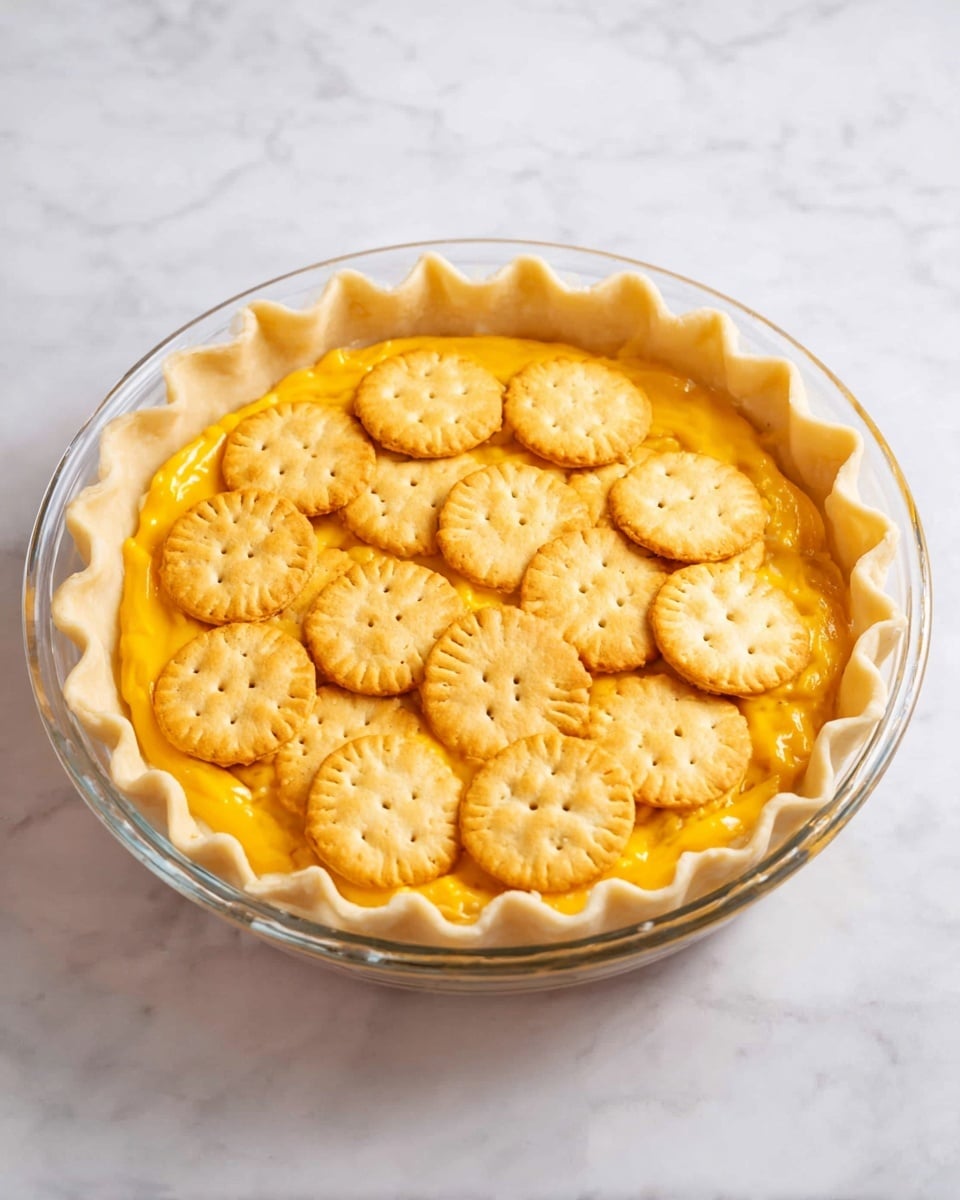 A clear glass pie dish holds a pie crust with a ruffled edge, the crust is uncooked and light beige. Inside the crust, there is a thick layer of bright orange filling spread evenly, topped with a layer of round, golden yellow crackers that have small holes in the center, arranged closely to cover the filling. The dish is set on a white marbled surface. photo taken with an iphone --ar 4:5 --v 7