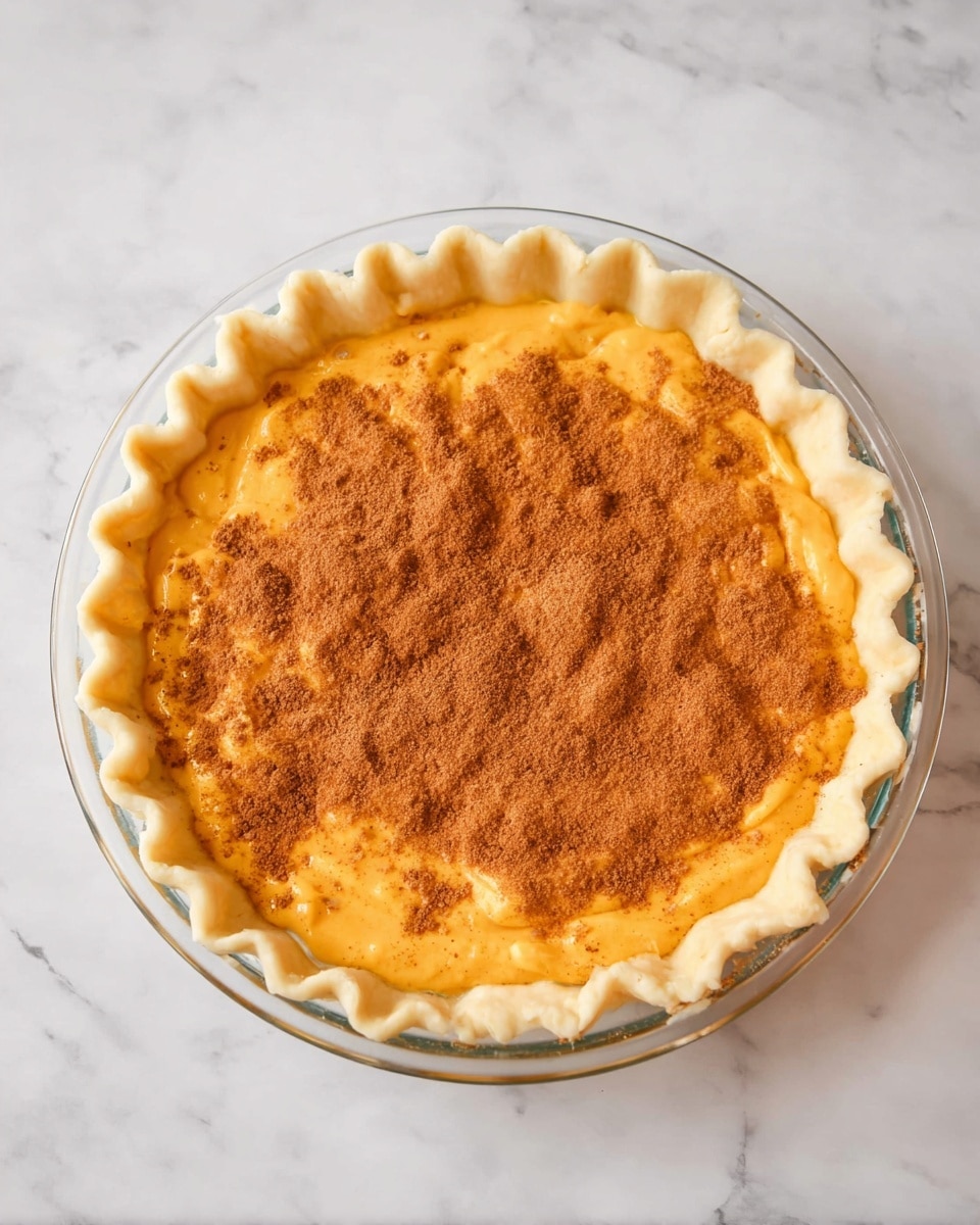 A clear glass pie dish holds an uncooked pie with a thick, smooth orange filling spread evenly inside, topped with a generous sprinkle of fine brown powder evenly covering the surface. The pale yellow pie crust is shaped with ruffled edges neatly pressed against the sides of the dish. The dish sits on a white marbled surface. photo taken with an iphone --ar 4:5 --v 7