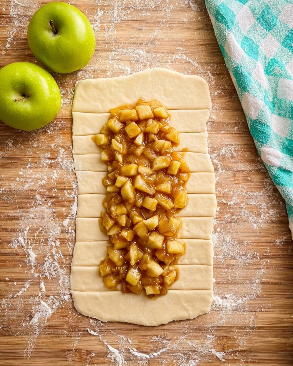 The image shows organized baking ingredients on a wooden textured surface. On the left side, there are four bright green apples grouped together. To the right of the apples, there is a small white patterned dish holding two small squares of pale yellow butter, and below it is a small white bowl with white powder. Next to that, there's a larger folded sheet of pale yellow dough or pastry on the right edge. Below the pastry are small white bowls arranged in an arc: one with white powder, one with light brown sugar, one with a small amount of white liquid, another with a small amount of beige liquid, and another with a brown liquid, possibly vanilla extract. There is also a single brown egg near the bottom right. The whole setup is neat, with clear separation of each ingredient, all on a white marbled surface. photo taken with an iphone --ar 4:5 --v 7