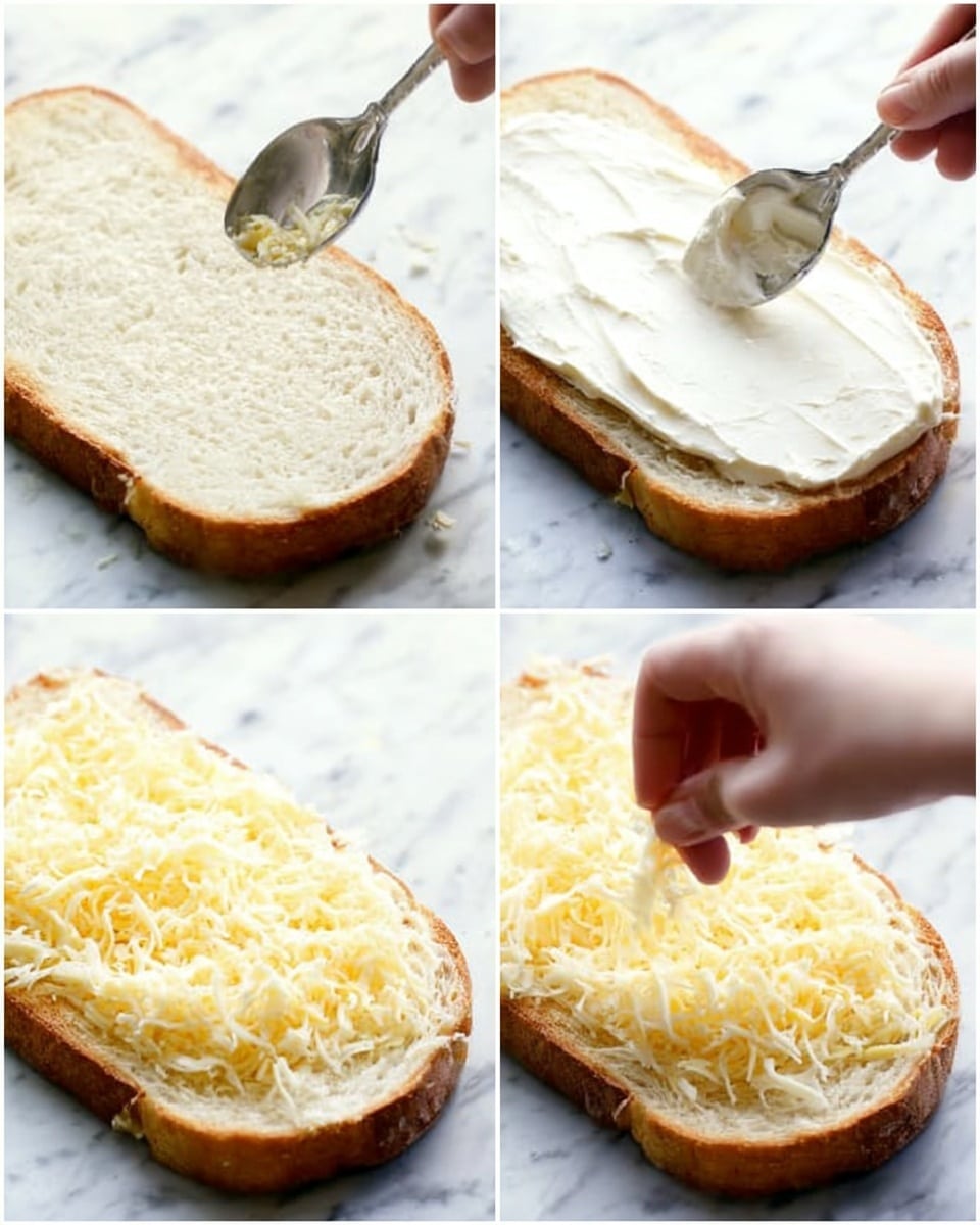 The image shows three steps of making a sandwich on a white marbled surface. The first step has two pieces of bread placed side by side, both with a soft white inside and light brown crusts. The second step shows a spoon spreading a white creamy topping on one piece of bread, covering it evenly. The third step features a close-up of a woman's hand sprinkling a mix of yellow and white shredded cheese over the creamy layer on the bread, with the cheese piled thickly and the other bread piece in the background. photo taken with an iphone --ar 4:5 --v 7
